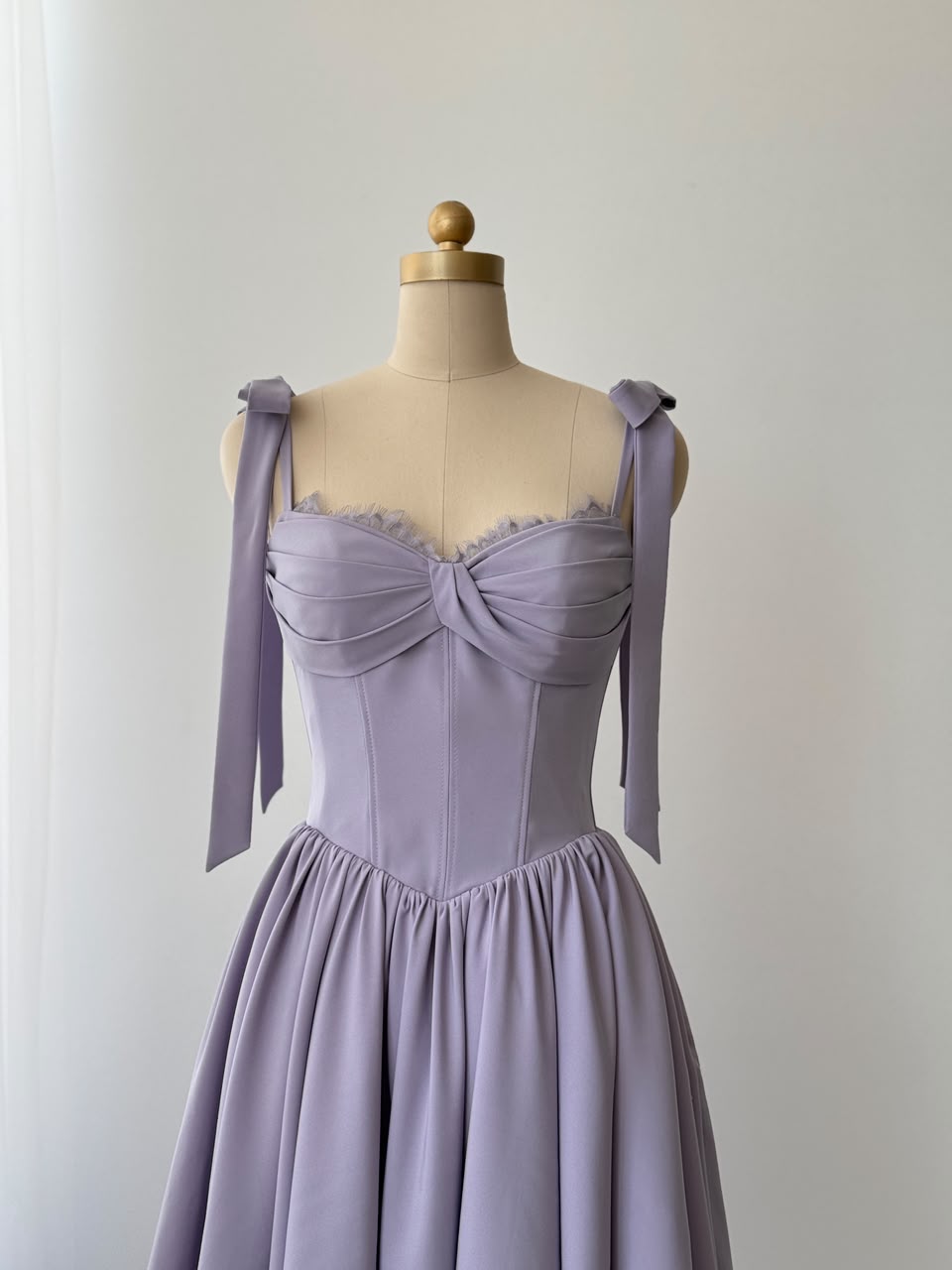 Purple midi dress with bow straps and embroidered lace