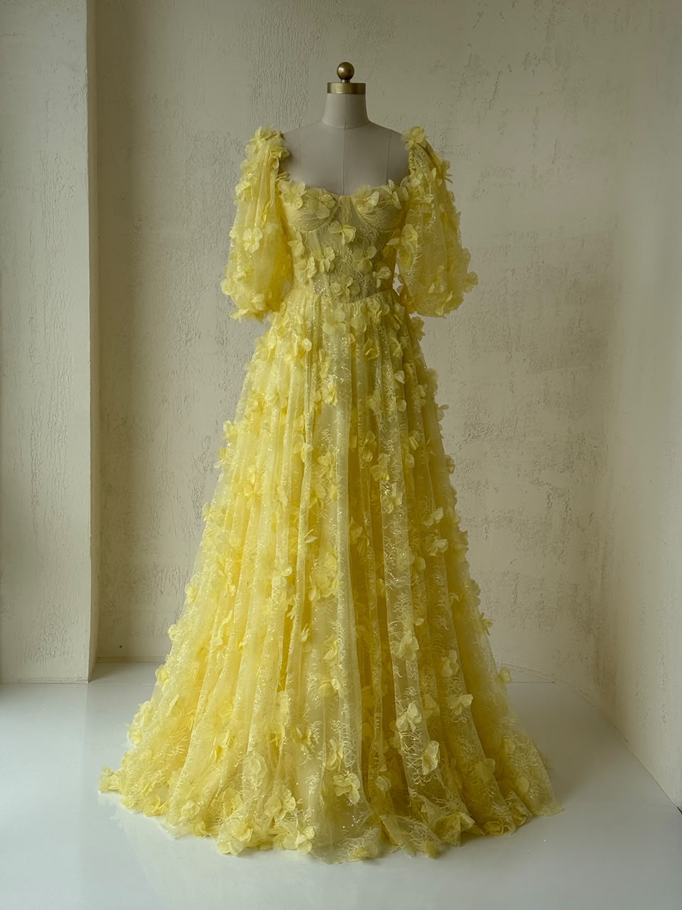 Yellow A-Line gown with short sleeves and embroidery