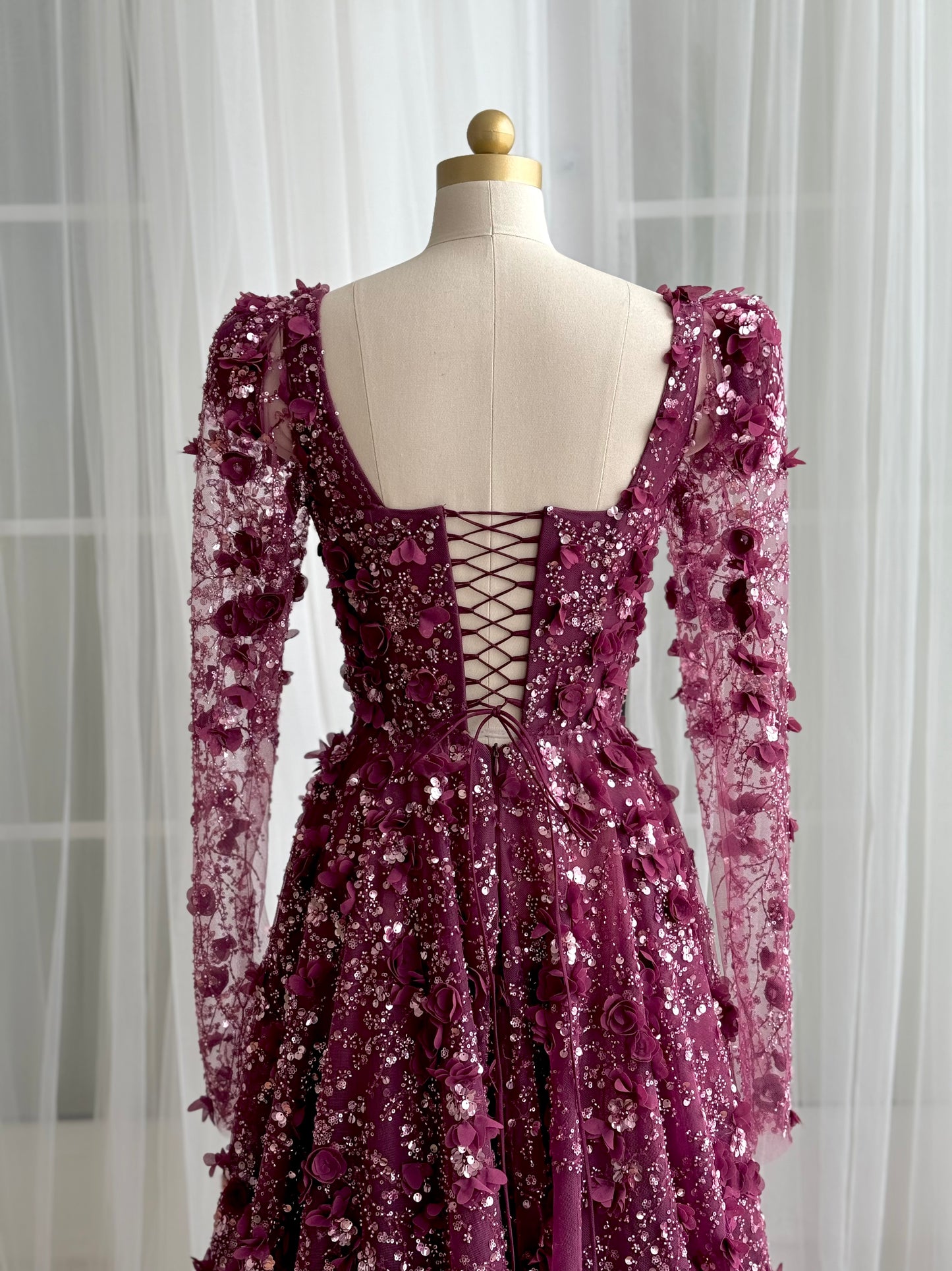Purple A-Line dress with long sleeves and embroidery