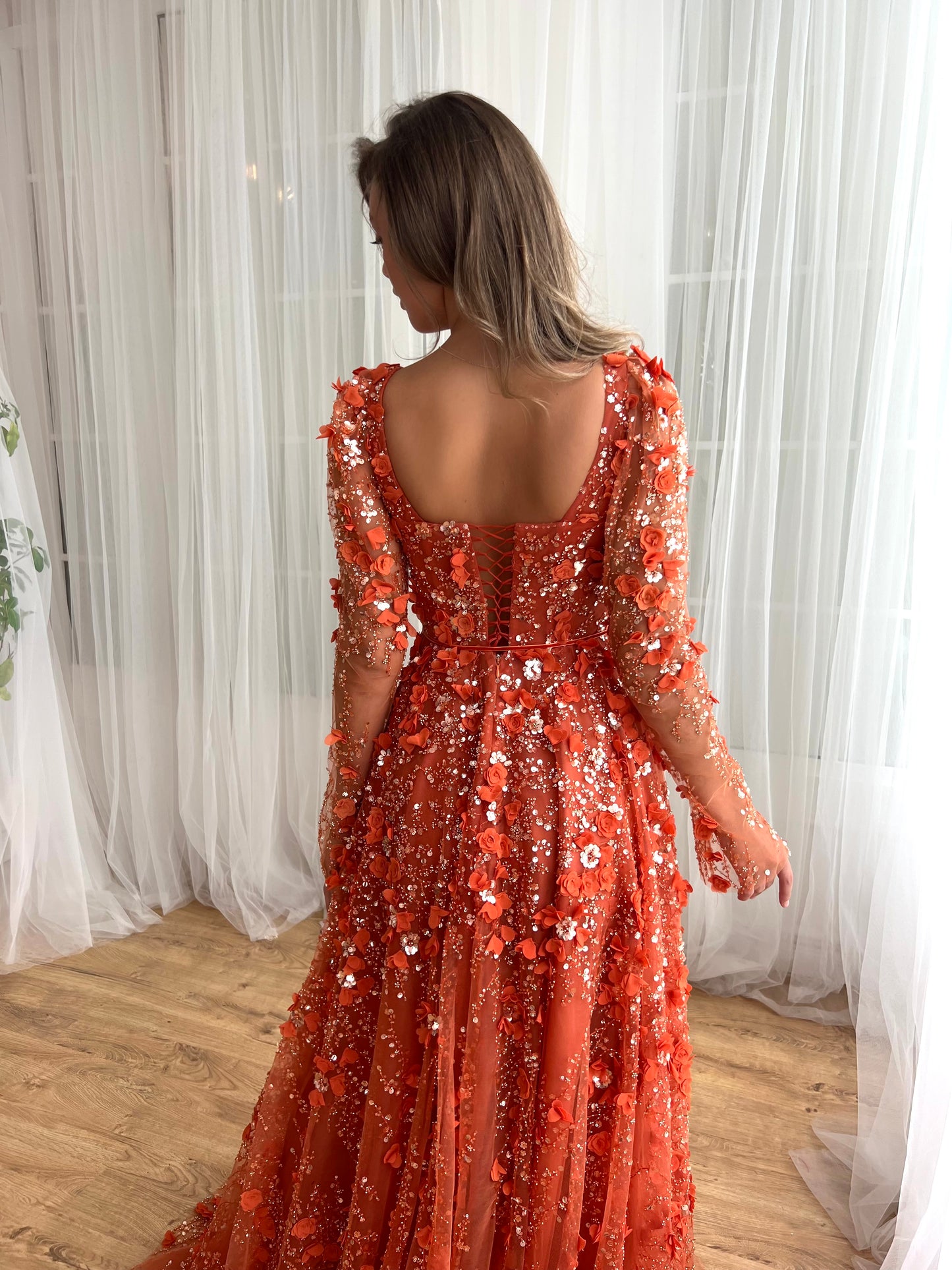 Orange A-Line dress with long sleeves and embroidery