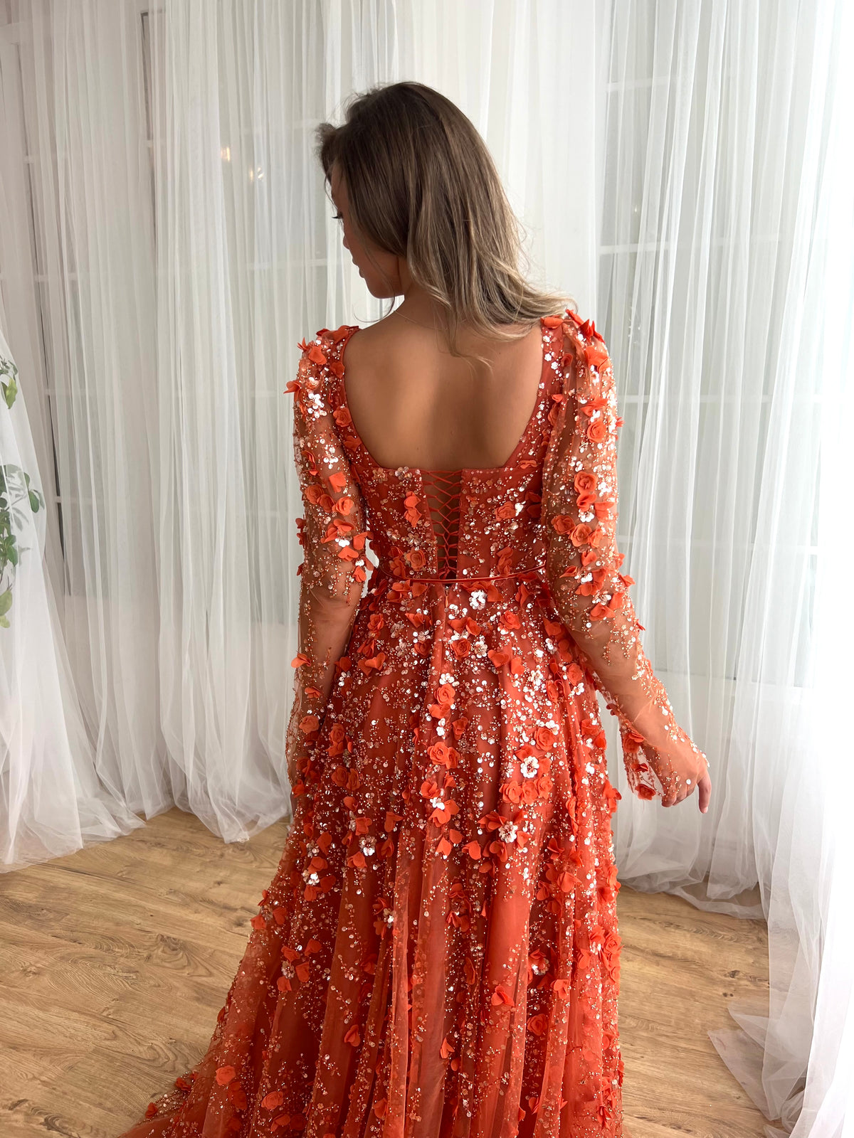 Orange A-Line dress with long sleeves and embroidery