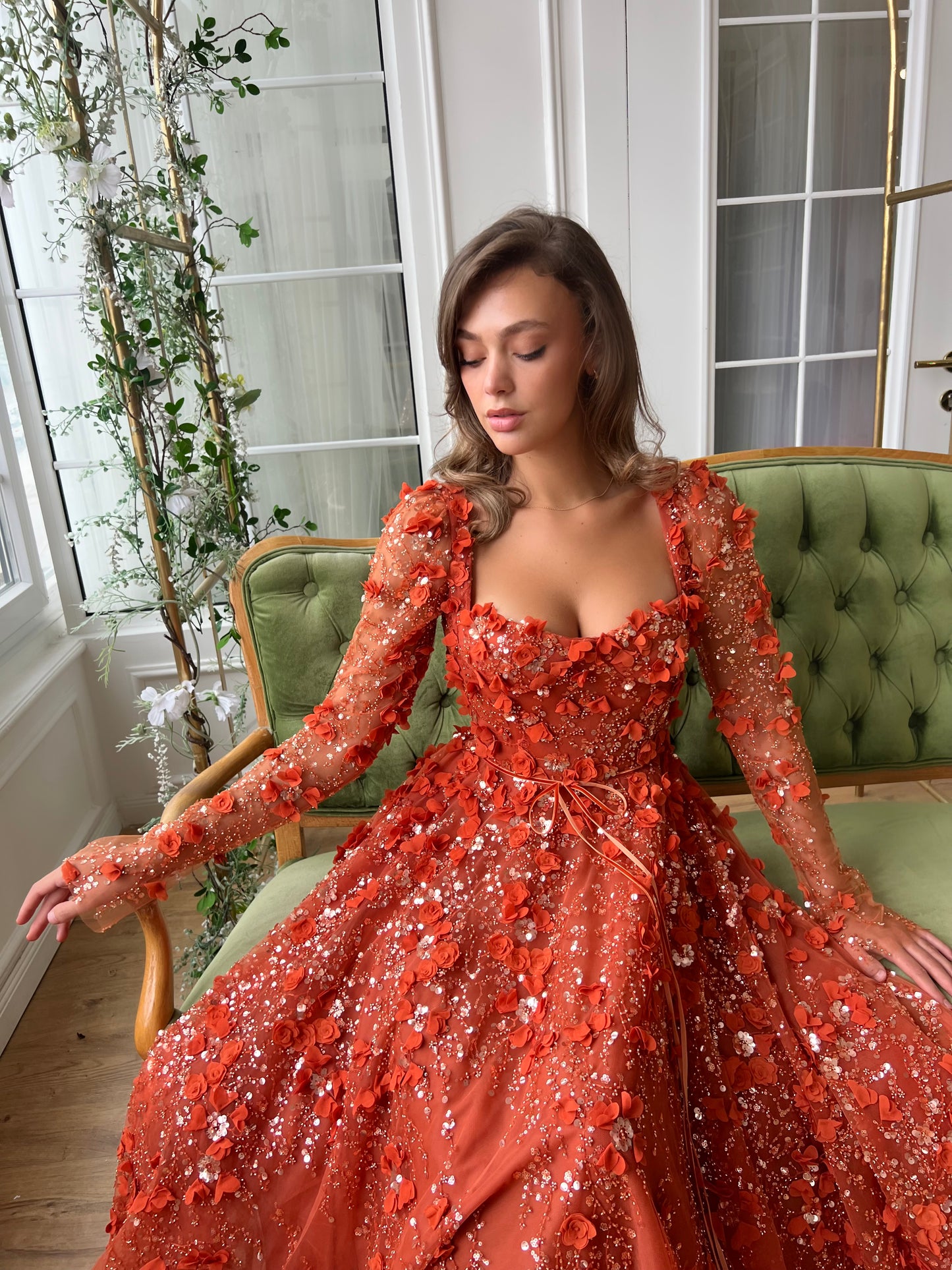 Orange A-Line dress with long sleeves and embroidery