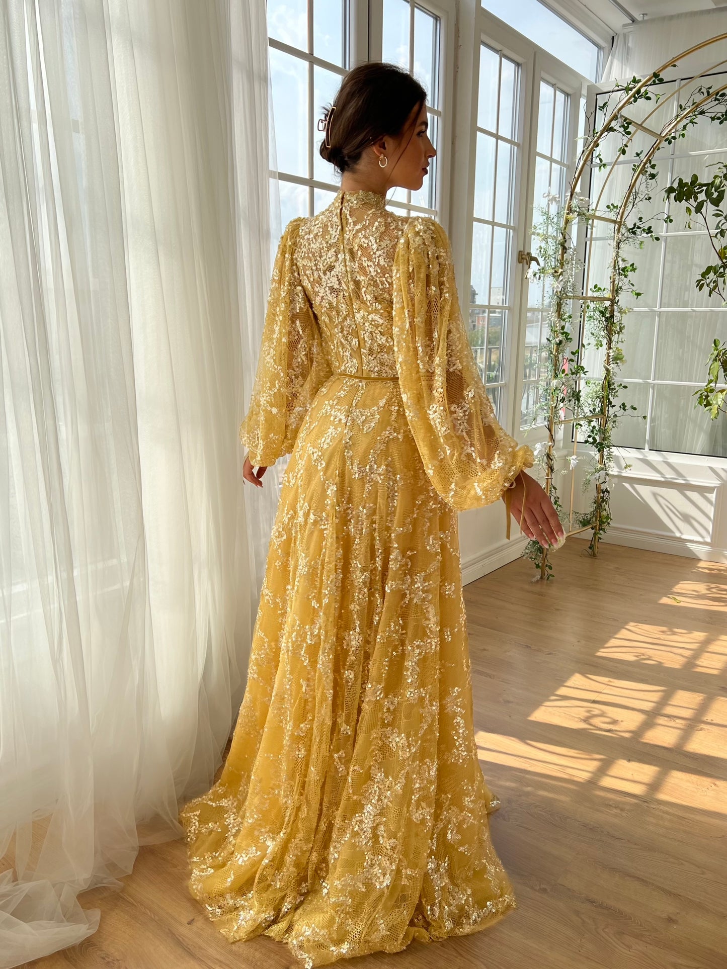 Yellow A-Line dress with long sleeves