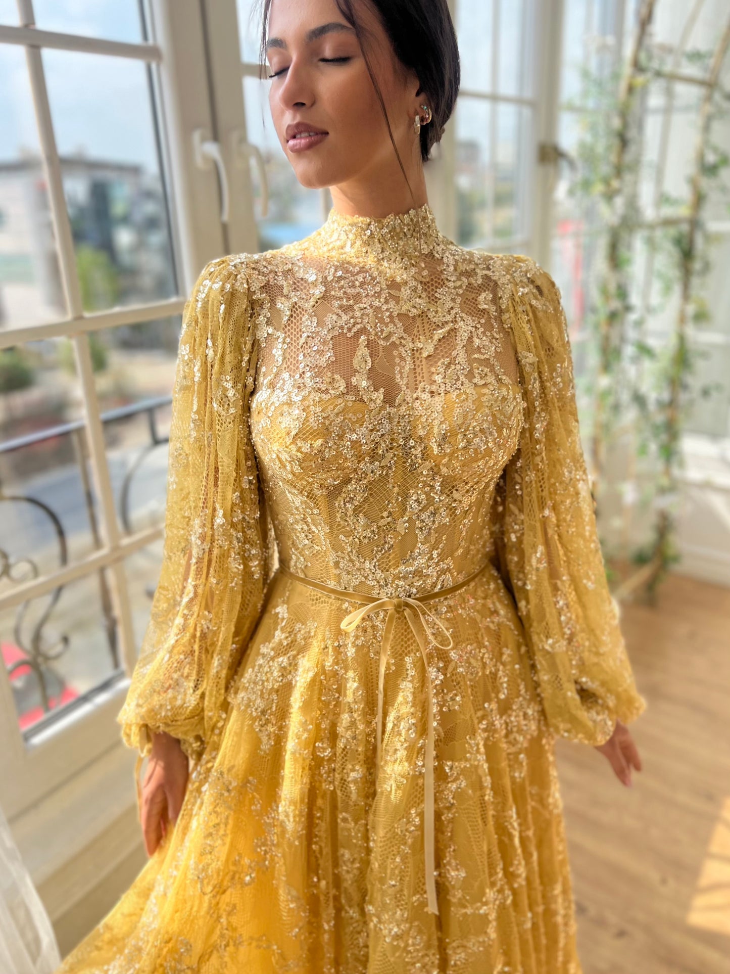 Yellow A-Line dress with long sleeves
