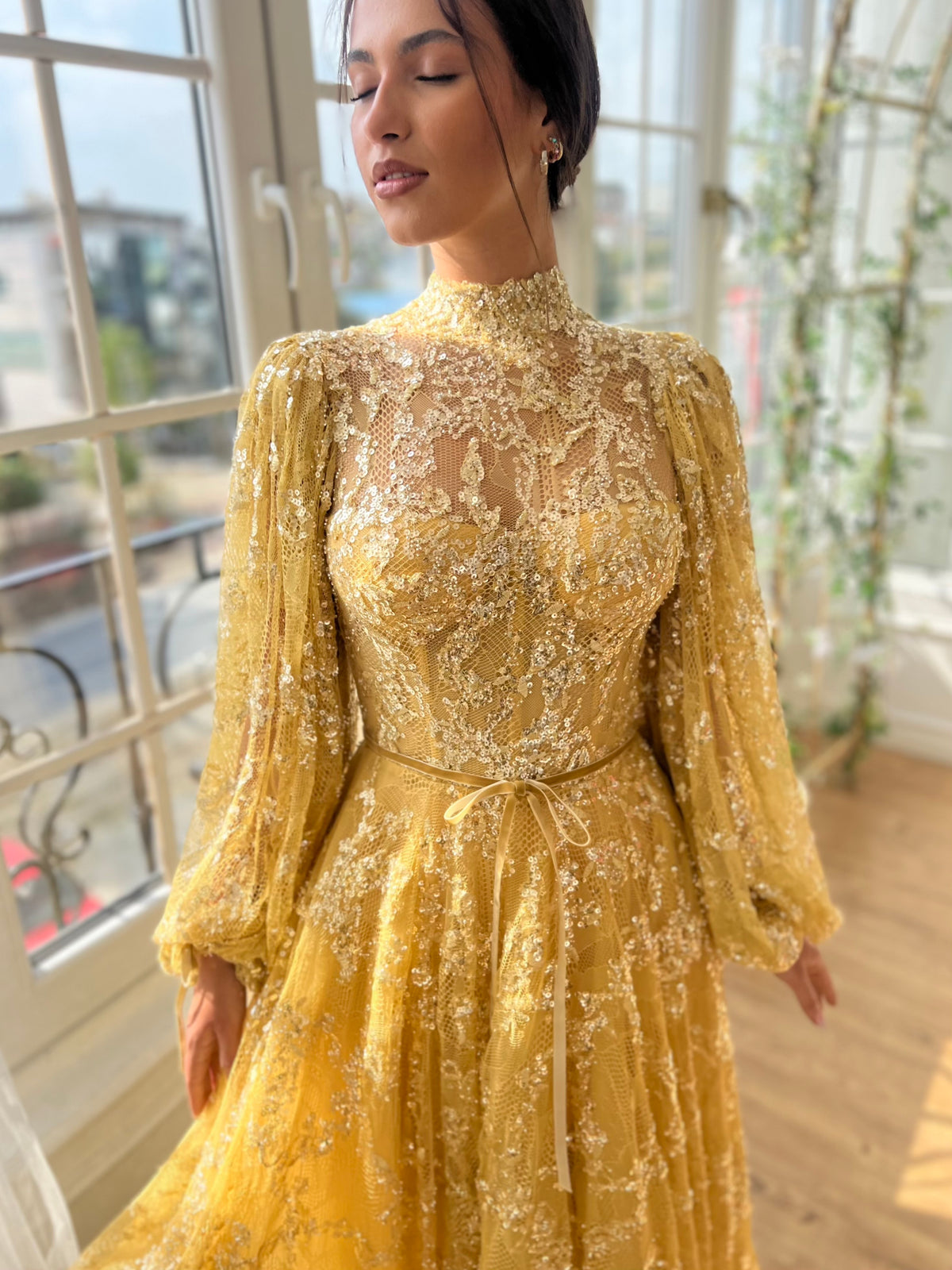 Yellow A-Line dress with long sleeves
