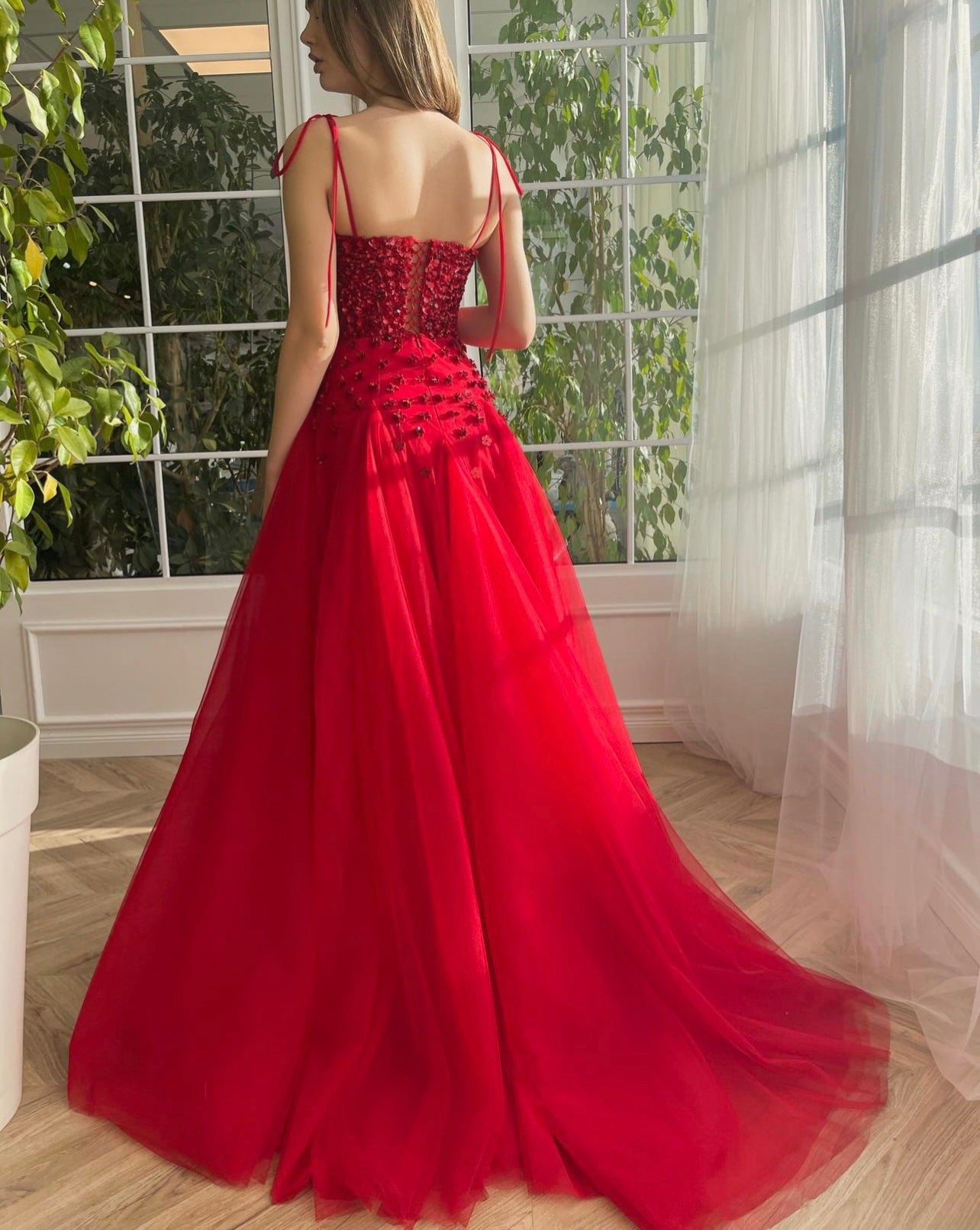 Red A-Line dress with embroidery and spaghetti straps