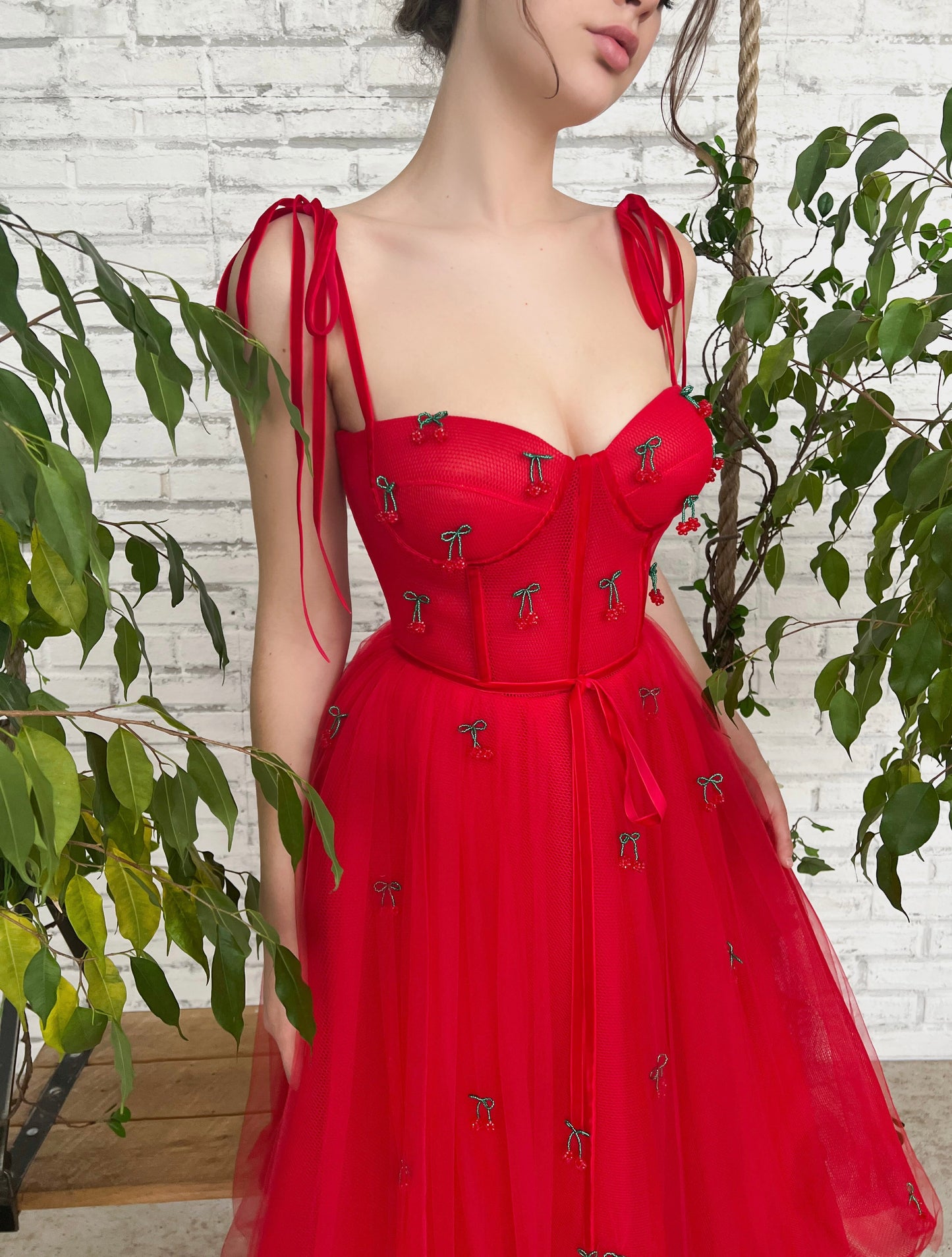 Red midi dress with embroidered cherries and straps