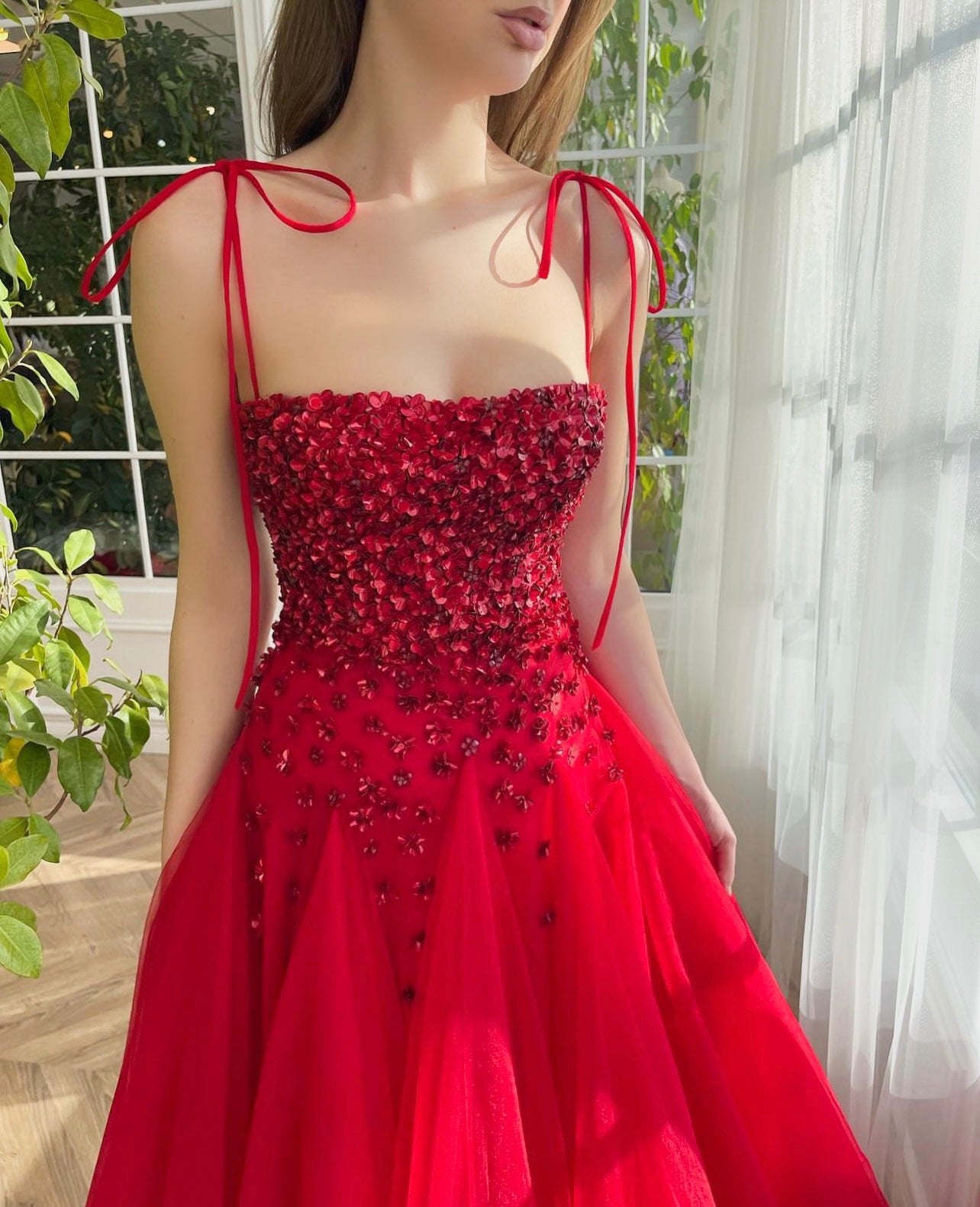 Red A-Line dress with embroidery and spaghetti straps
