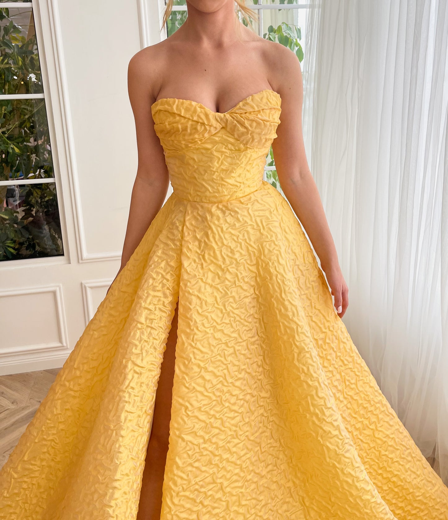 Yellow A-Line dress with slit and no sleeves