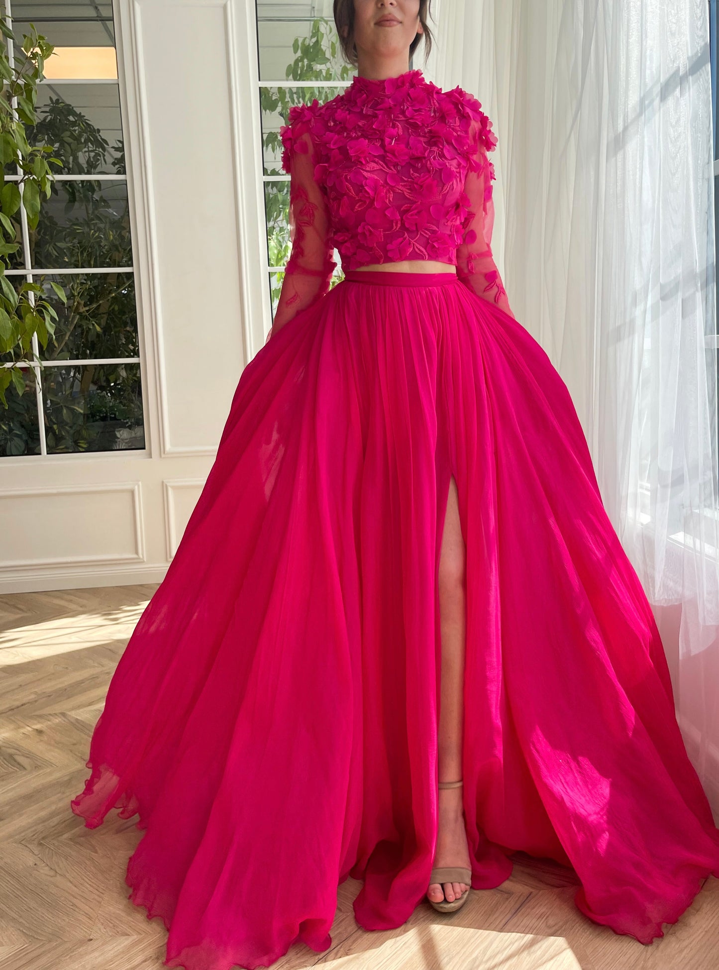 Pink two piece dress with embroidery and long sleeves