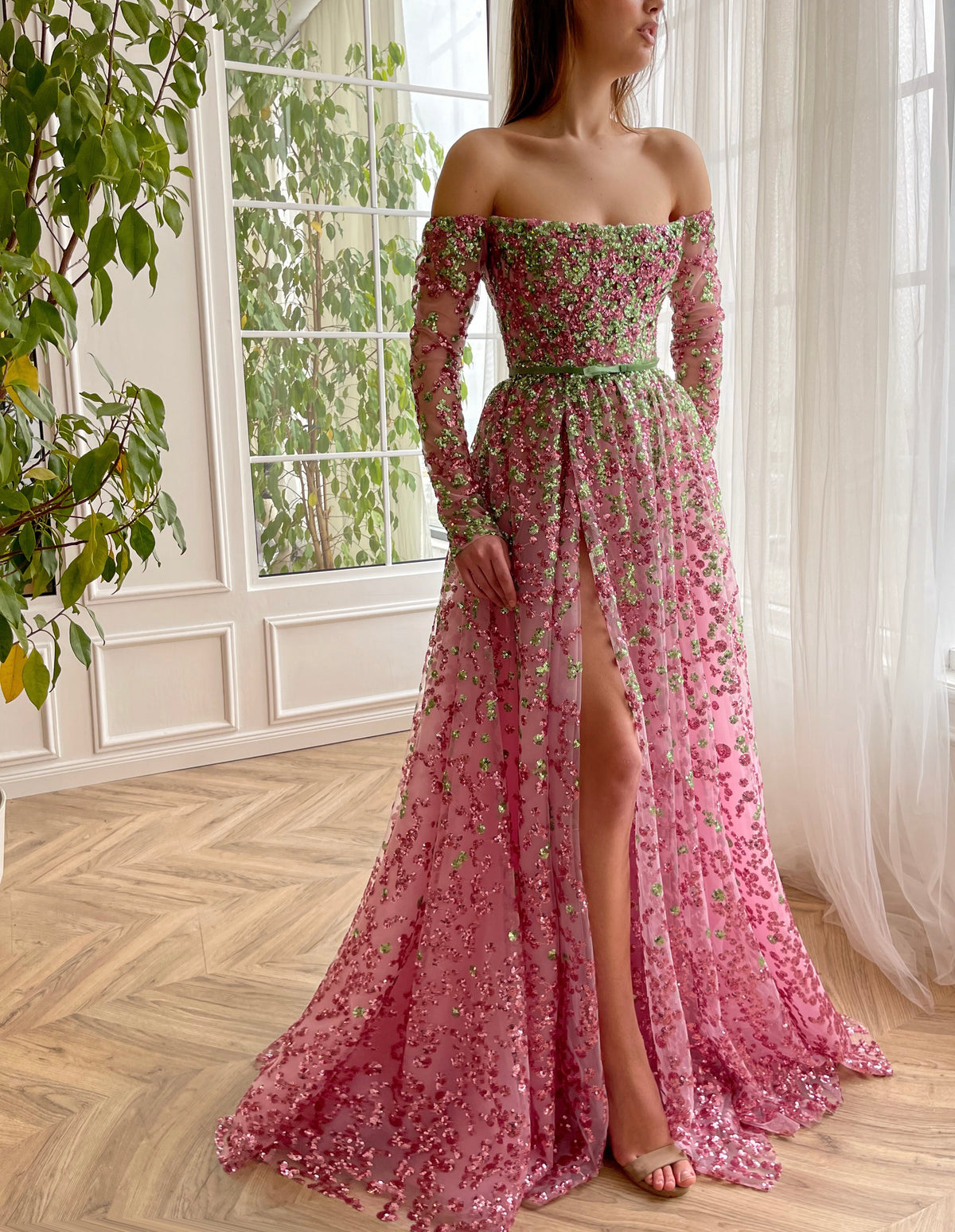 Pink A-Line dress with long off the shoulder sleeves and embroidery