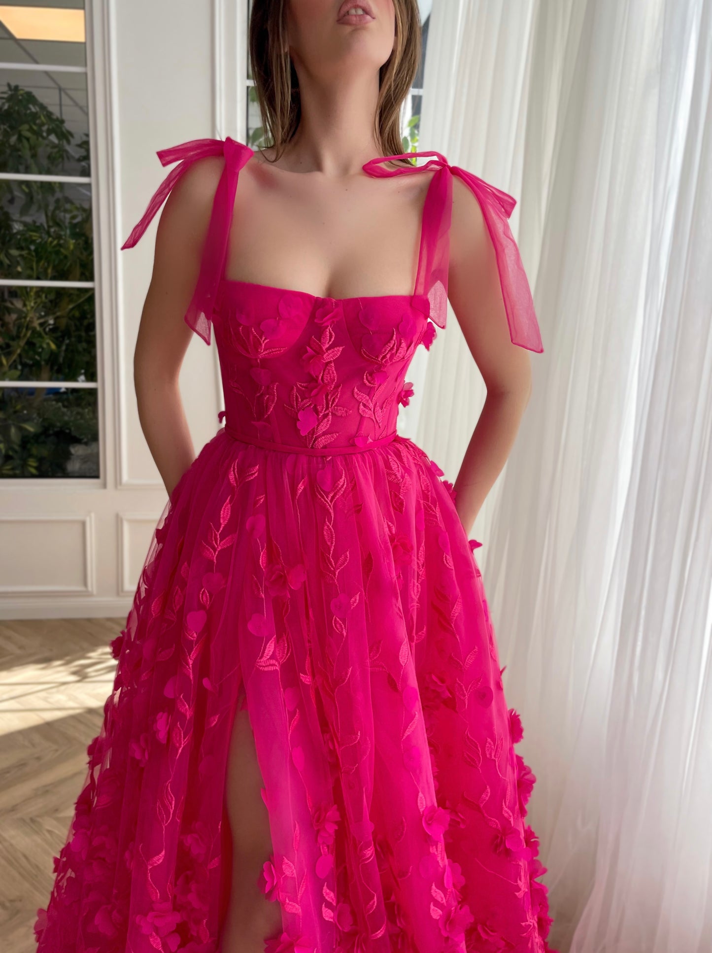 Pink A-Line dress with embroidery and bow straps