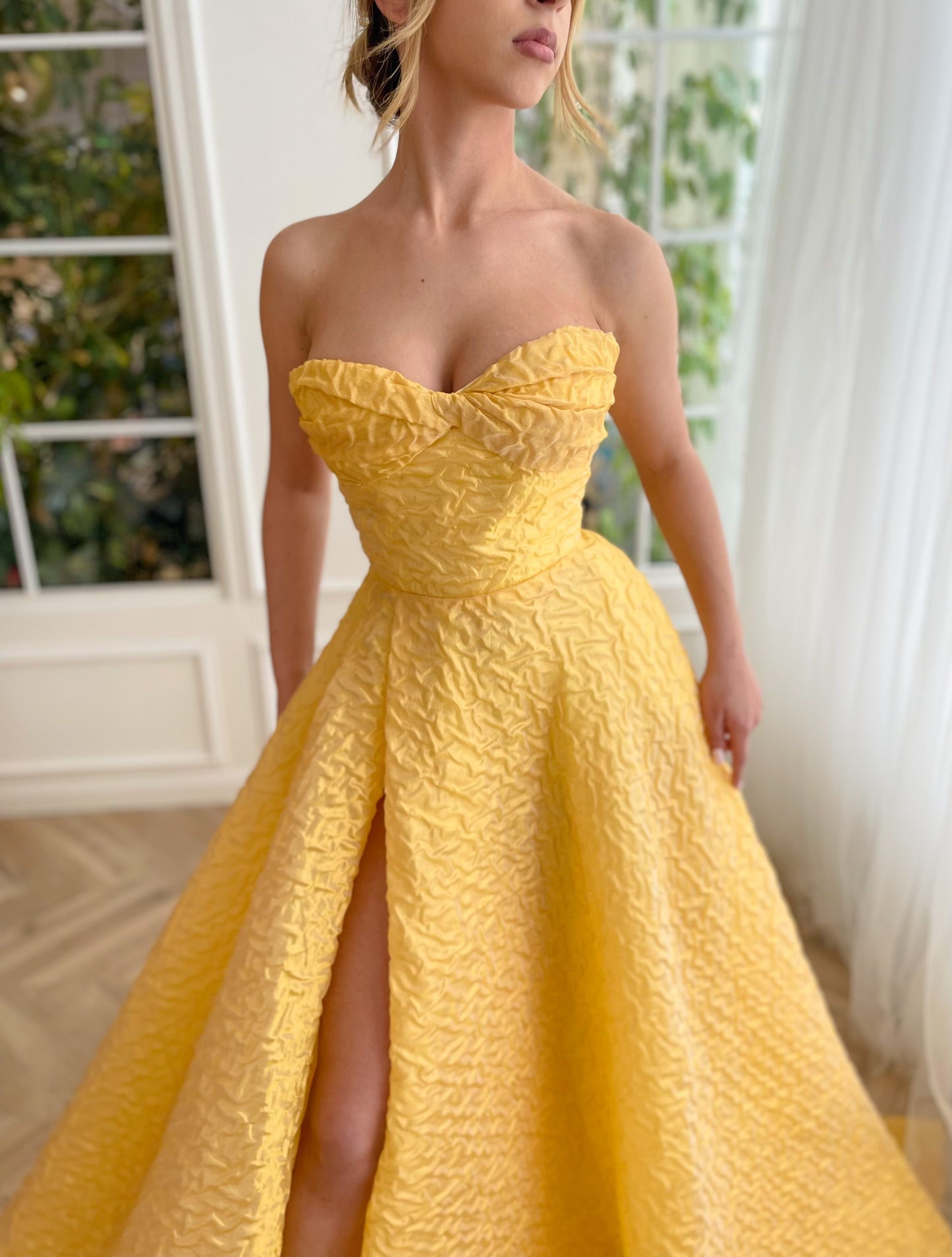 Yellow A-Line dress with slit and no sleeves