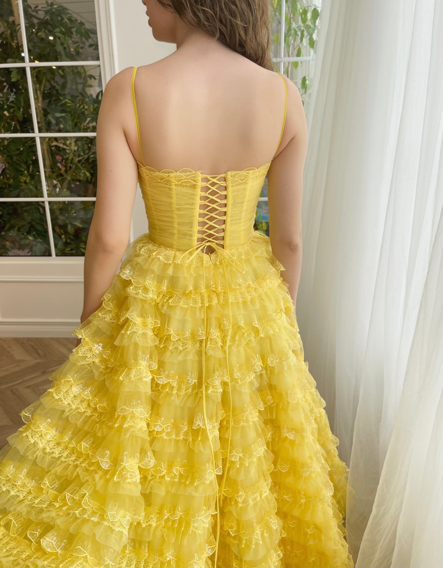 Yellow A-Line dress with spaghetti straps