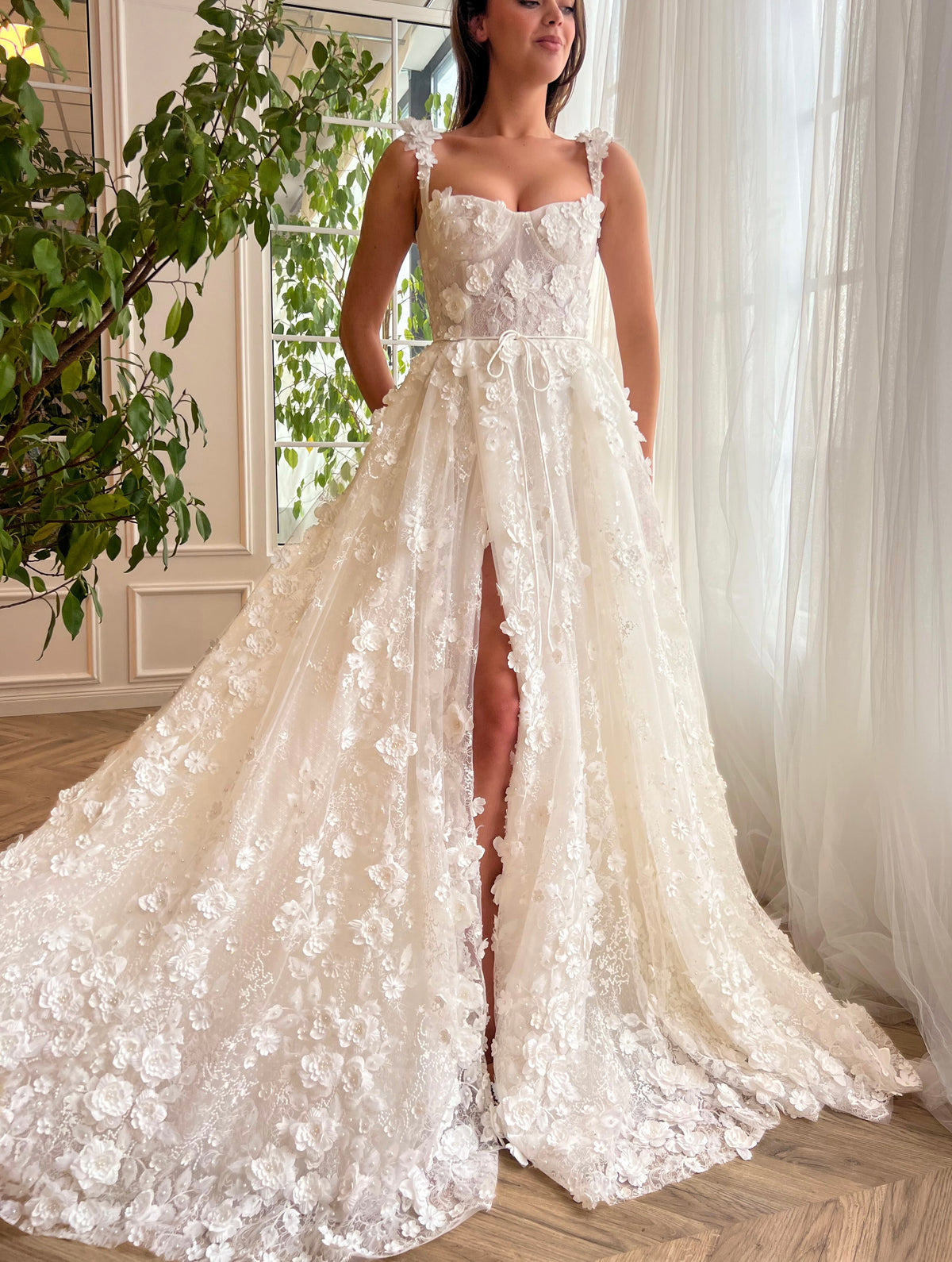 White A-Line bridal dress with straps, flowers and embroidery