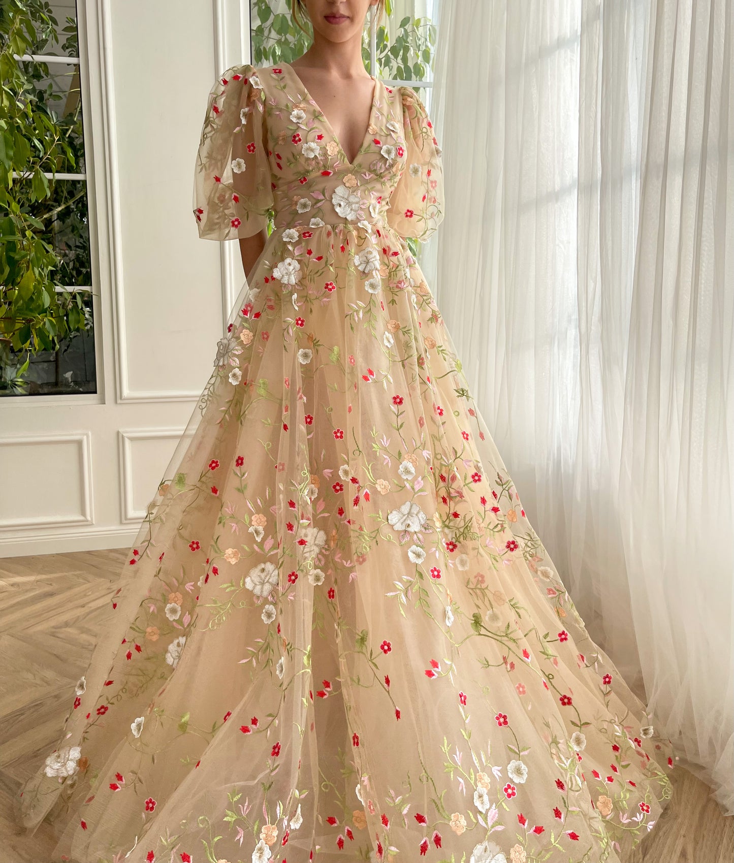 Beige A-Line dress with v-neck, short sleeves and embroidery