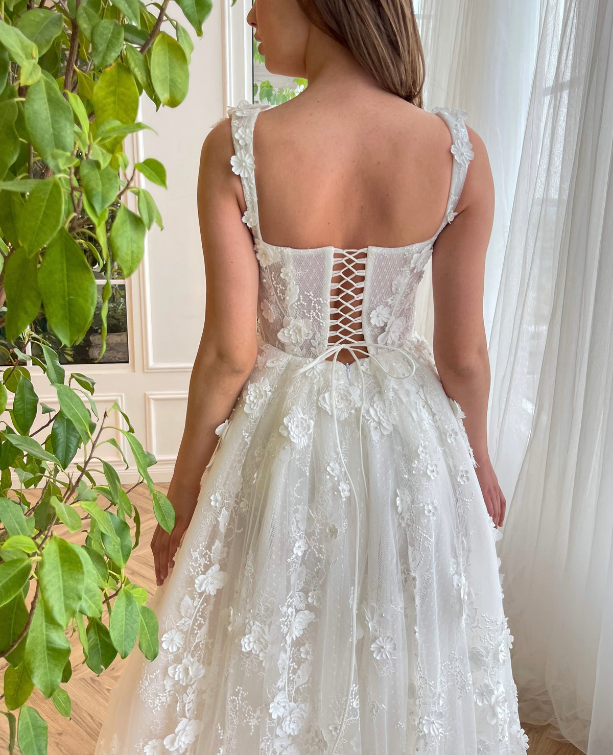 White A-Line bridal dress with straps, flowers and embroidery