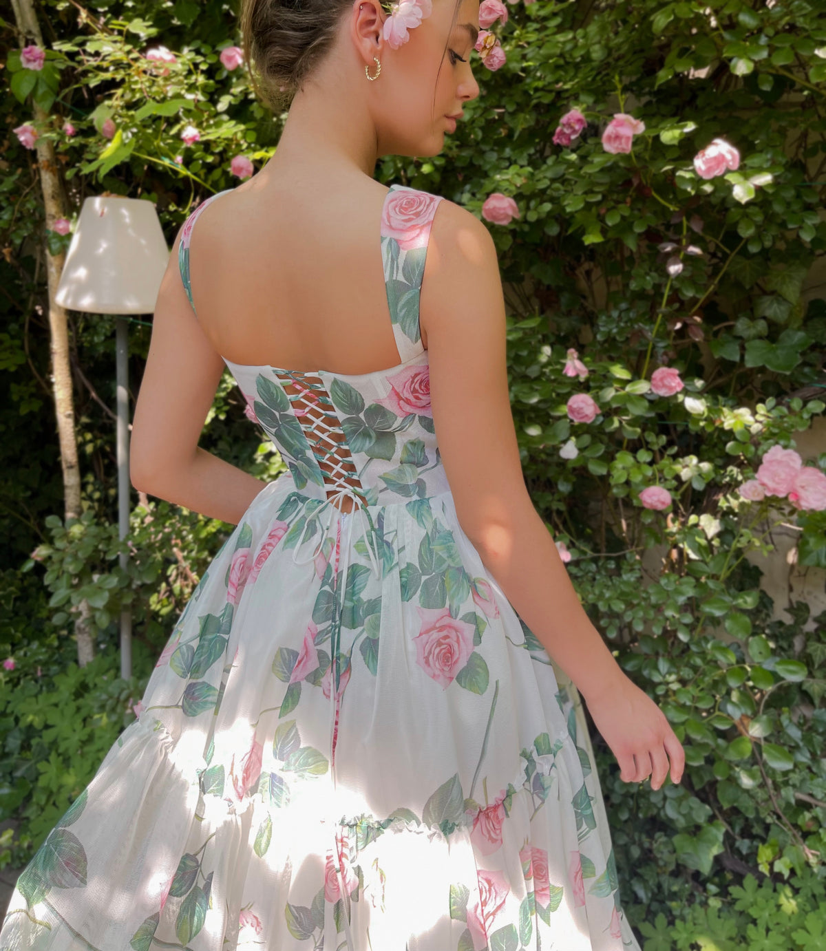 White A-Line dress with straps and printed flowers