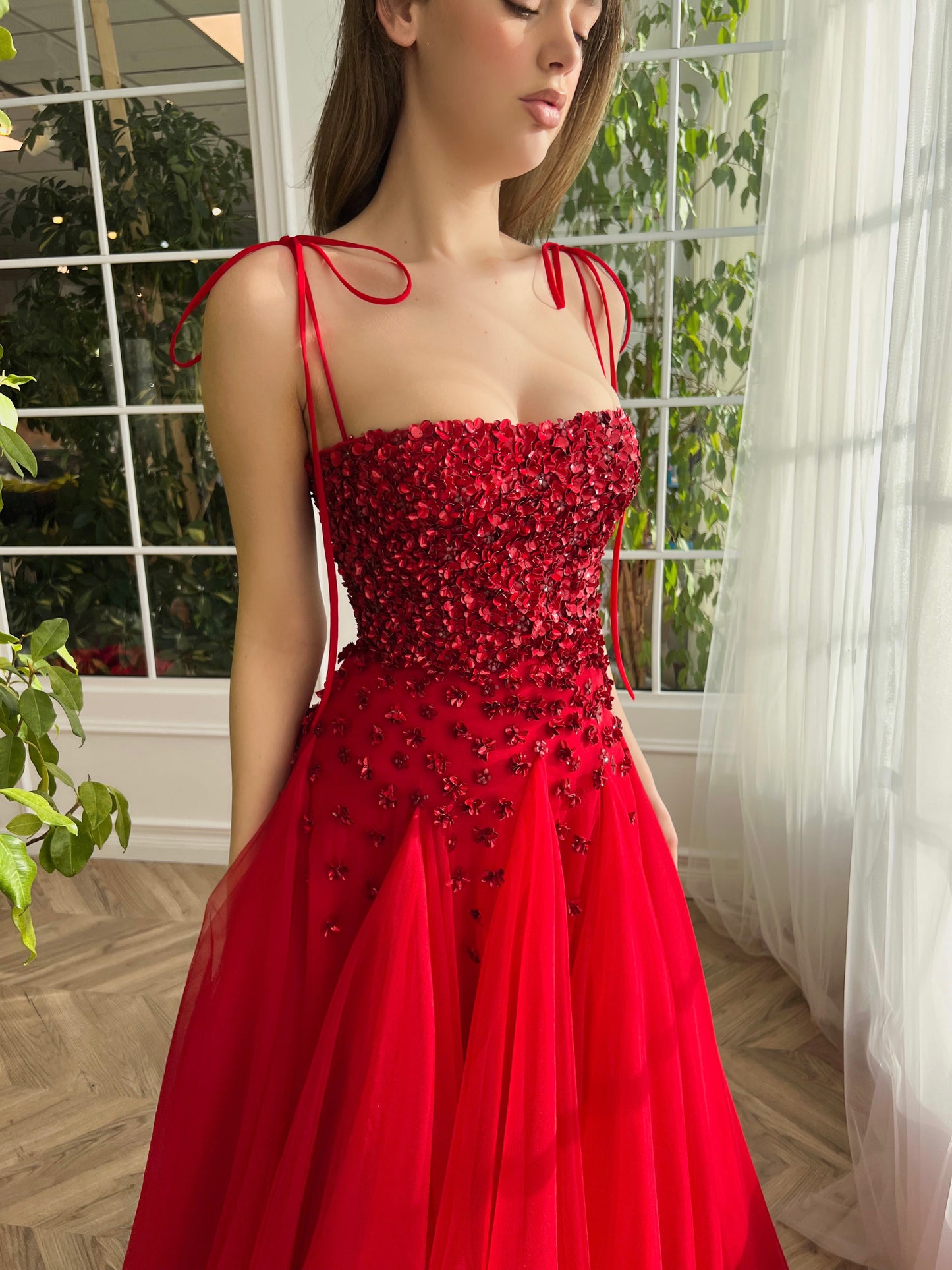 Red A-Line dress with embroidery and spaghetti straps