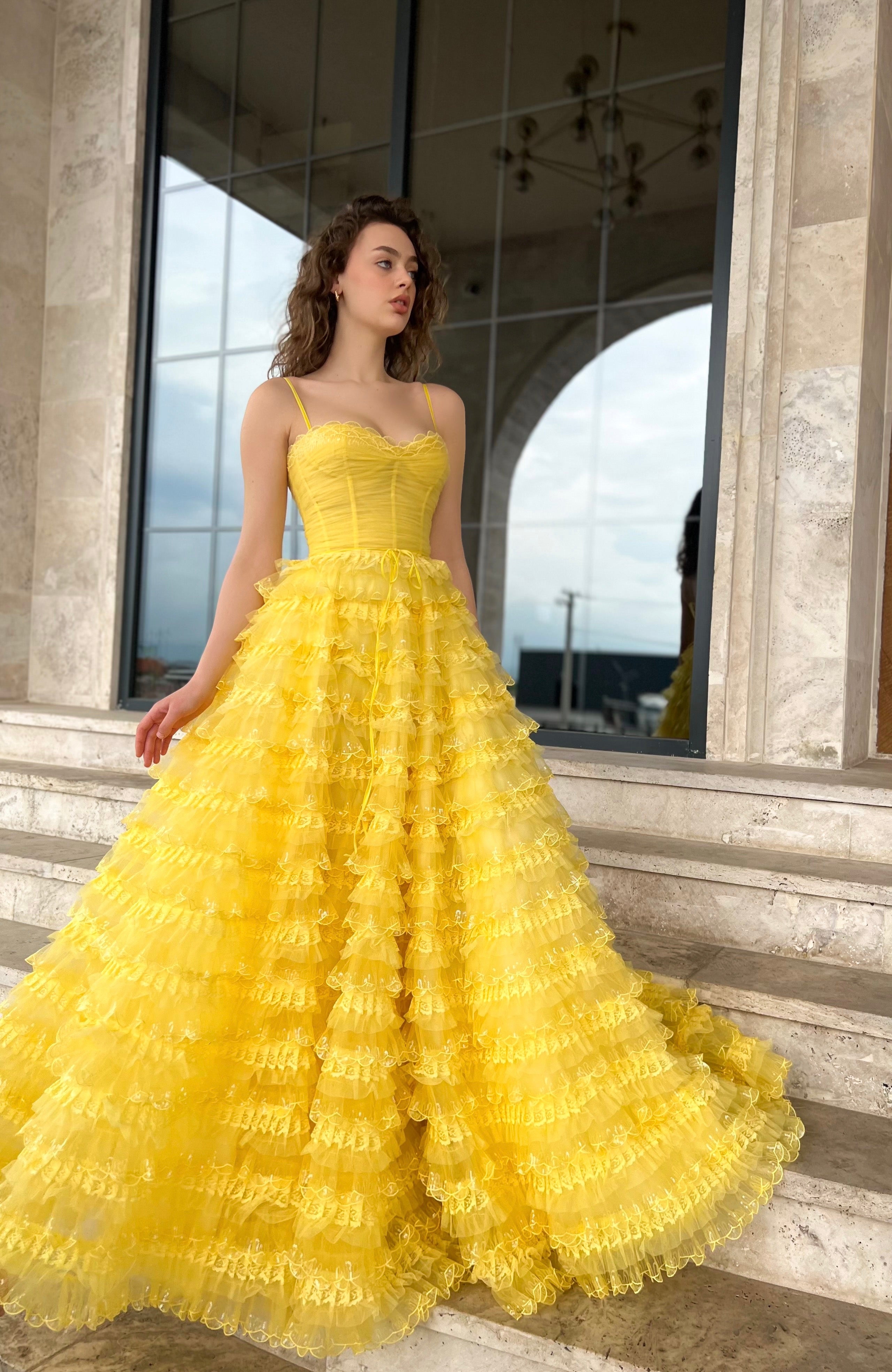 Yellow A-Line dress with spaghetti straps