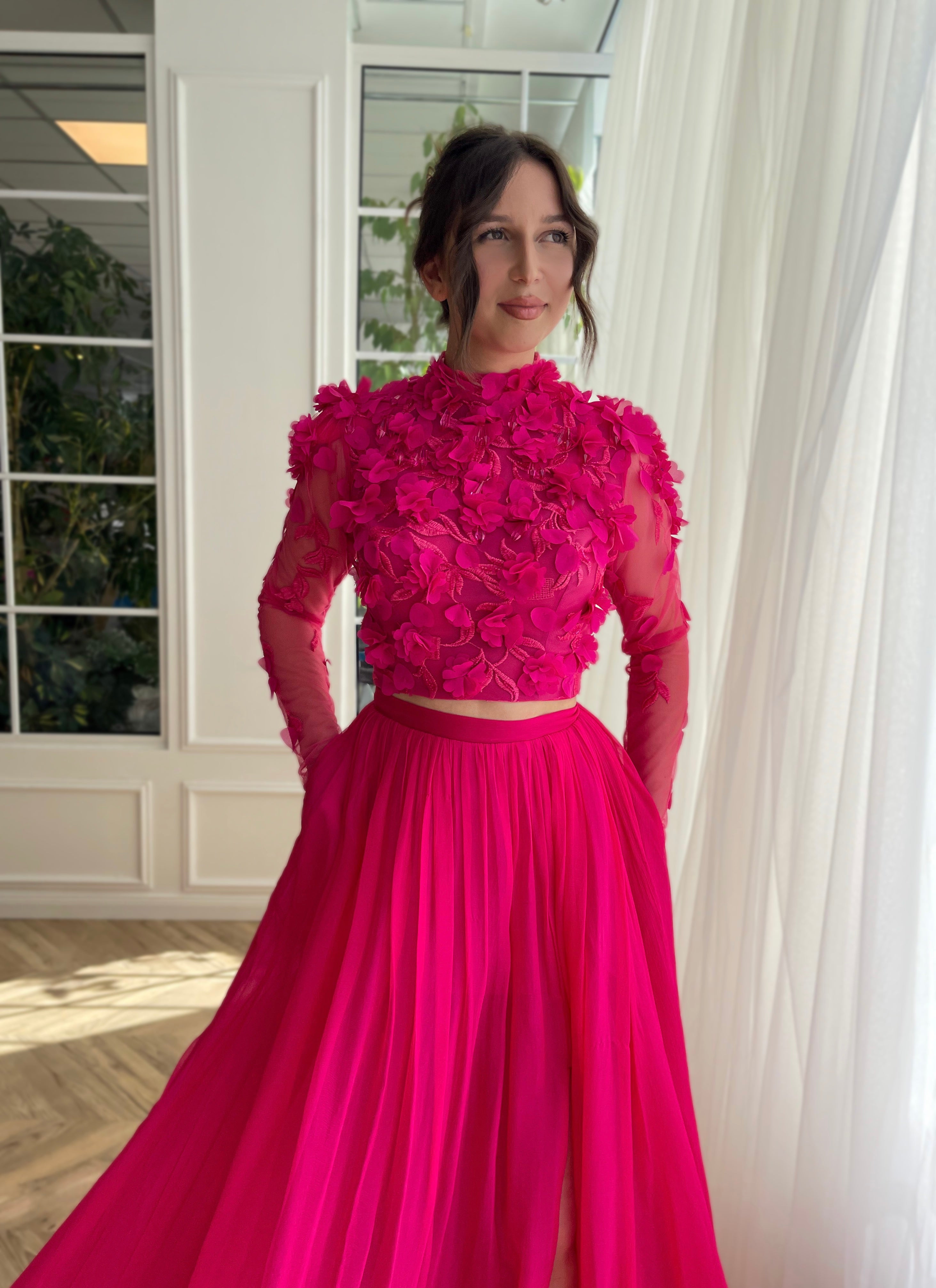Pink two piece dress with embroidery and long sleeves