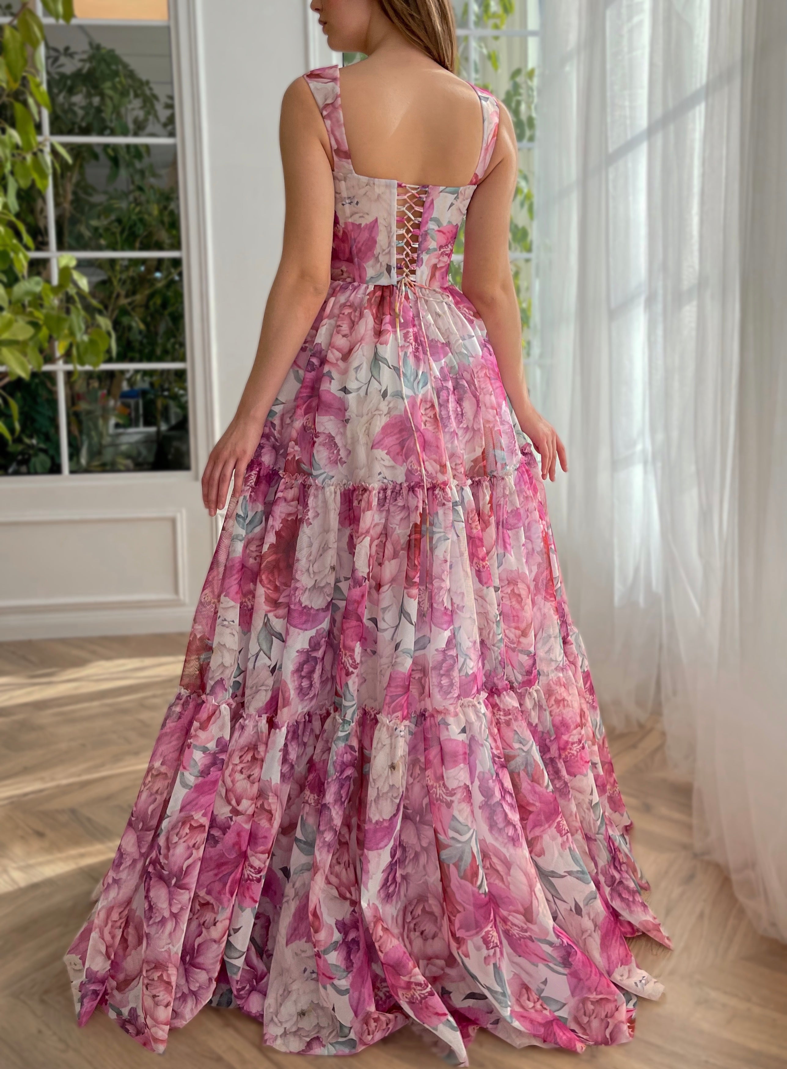 Pink A-Line dress with printed flowers and straps