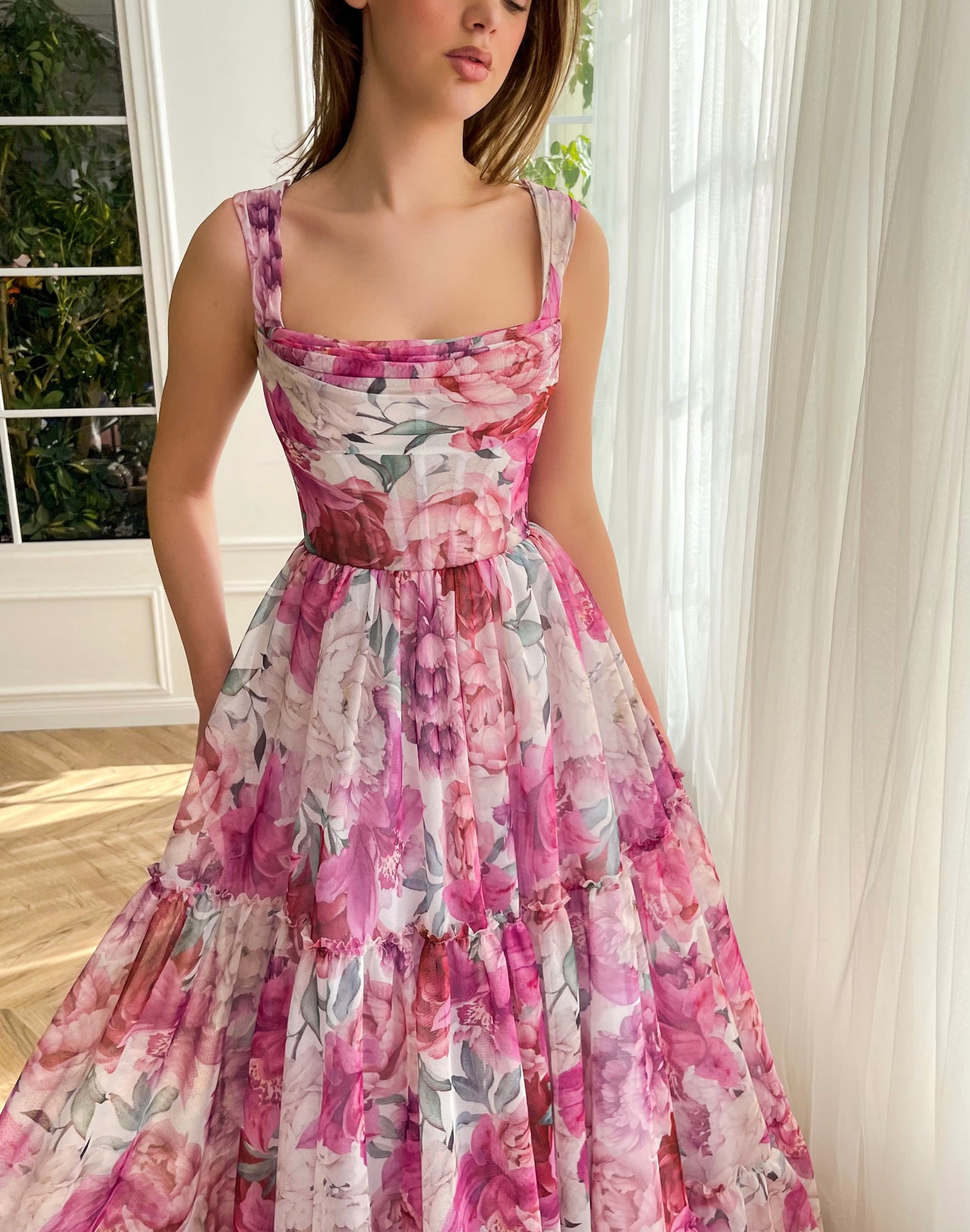 Pink A-Line dress with printed flowers and straps