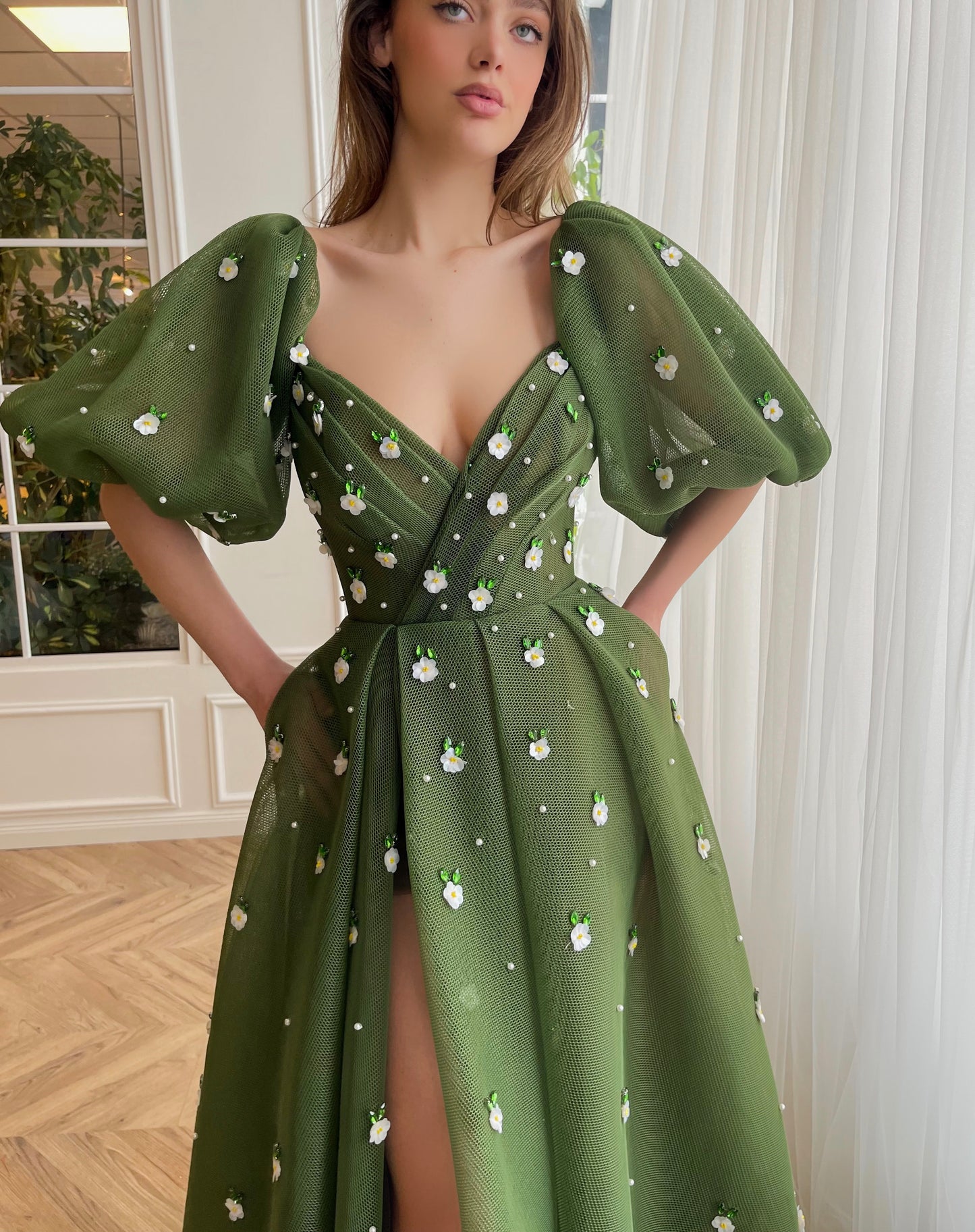 Green A-Line dress with short sleeves and embroidery