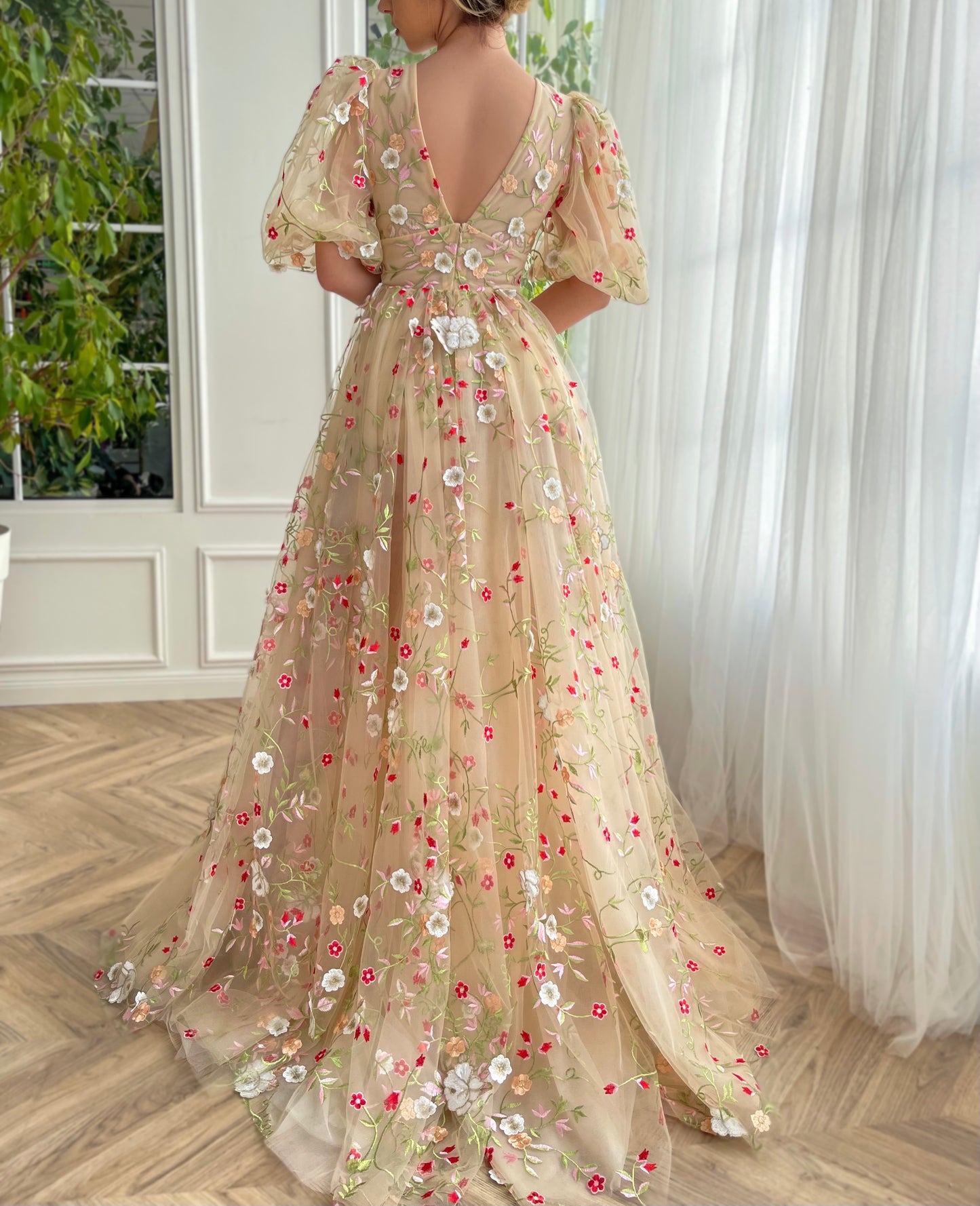 Beige A-Line dress with v-neck, short sleeves and embroidery