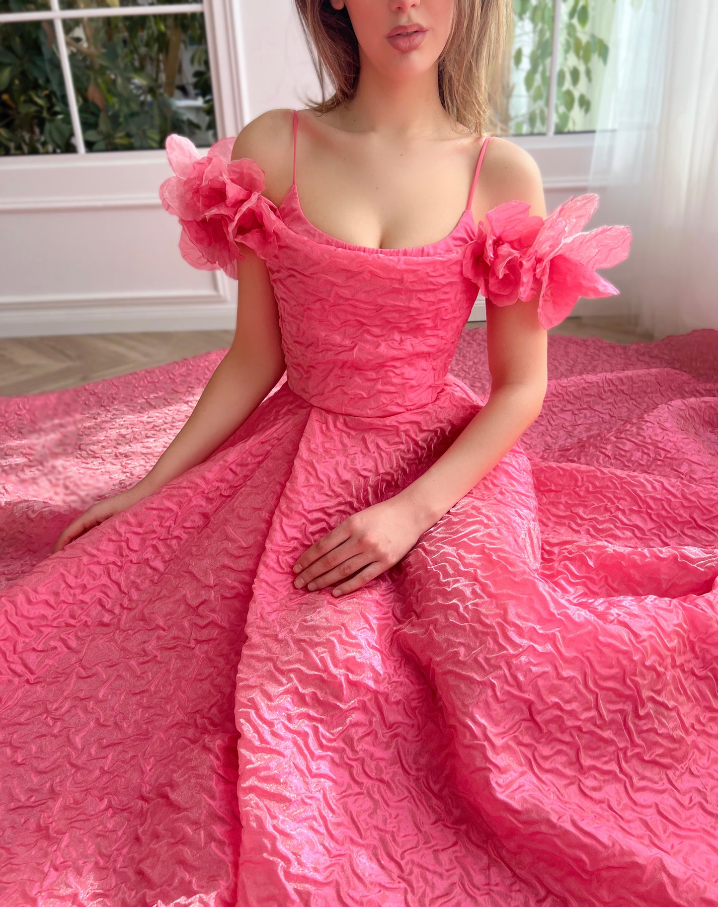 Pink A-Line dress with embroidery and off the shoulder straps