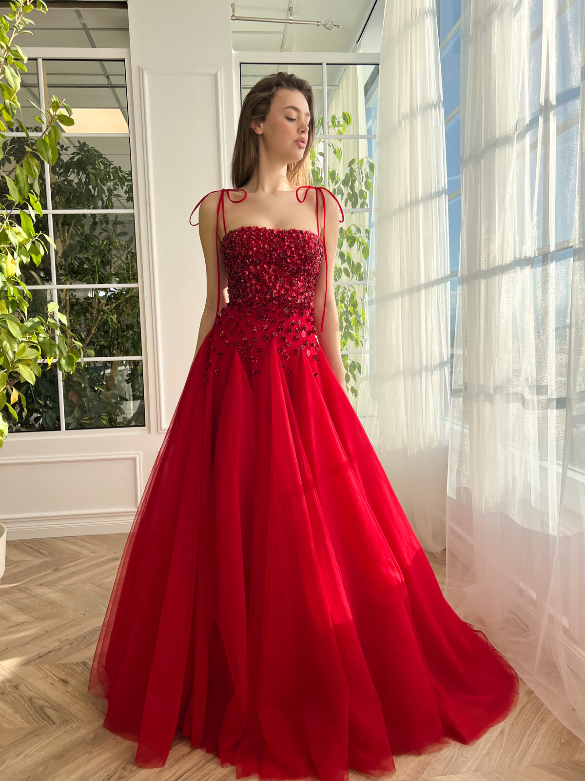 Red A-Line dress with embroidery and spaghetti straps