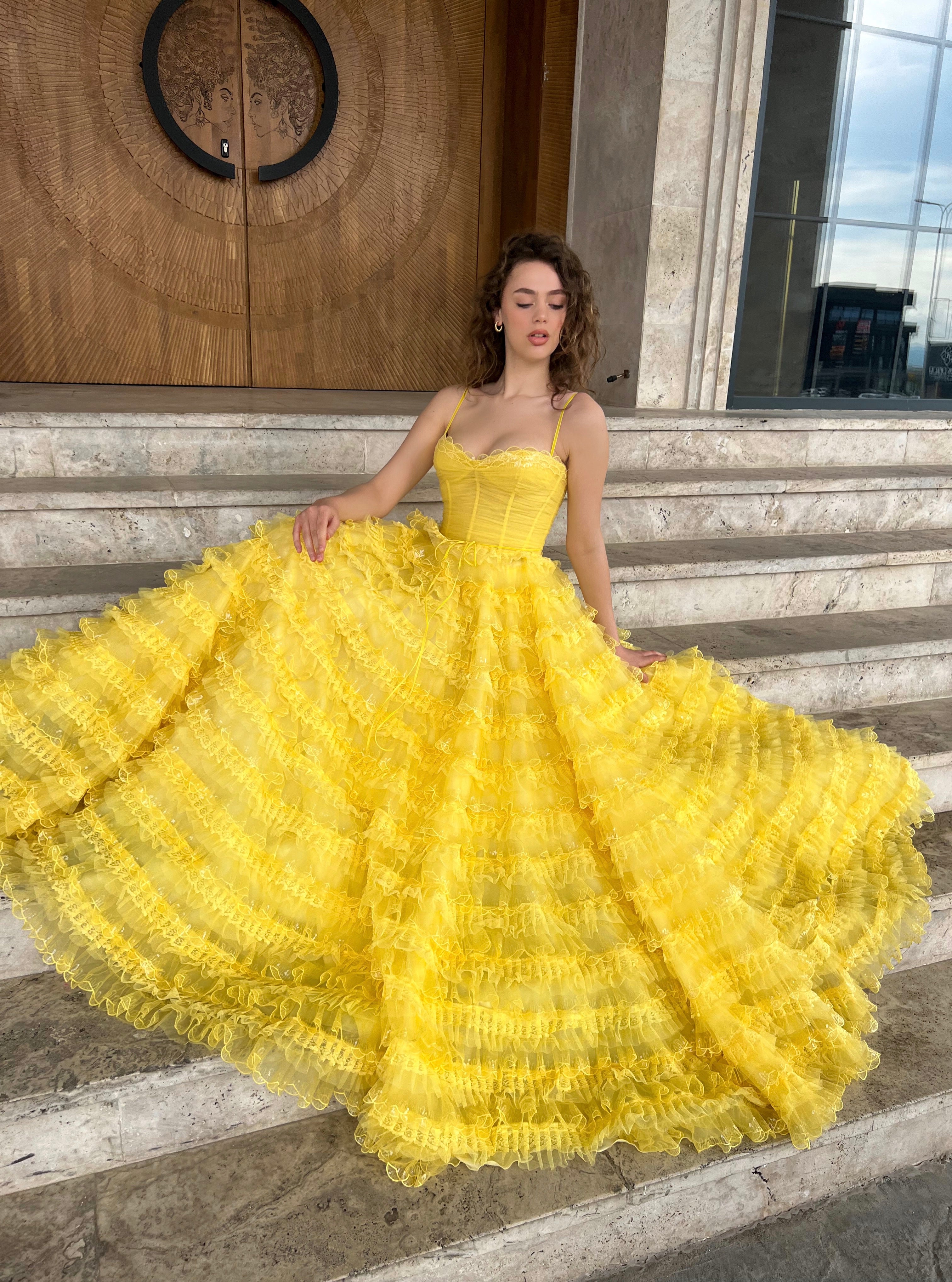 Yellow A-Line dress with spaghetti straps