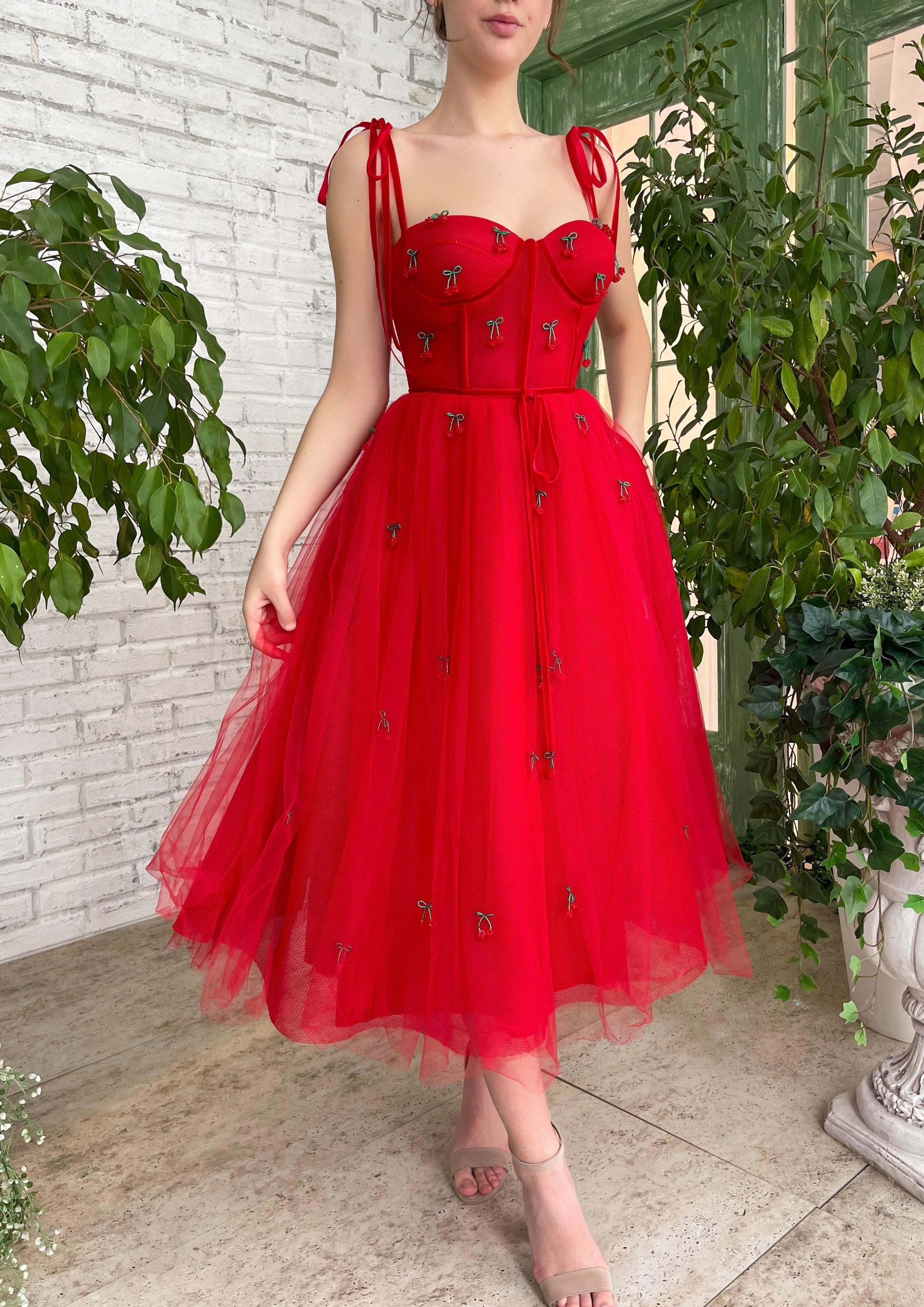 Red midi dress with embroidered cherries and straps