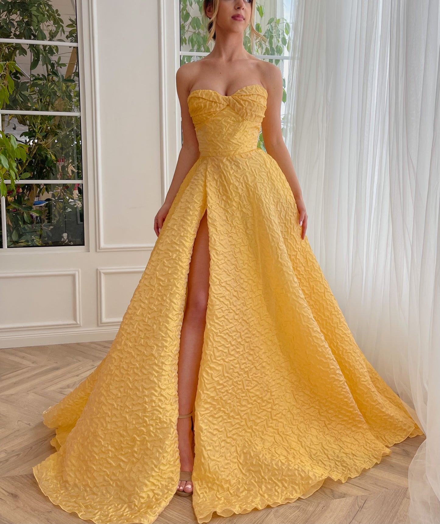 Yellow A-Line dress with slit and no sleeves