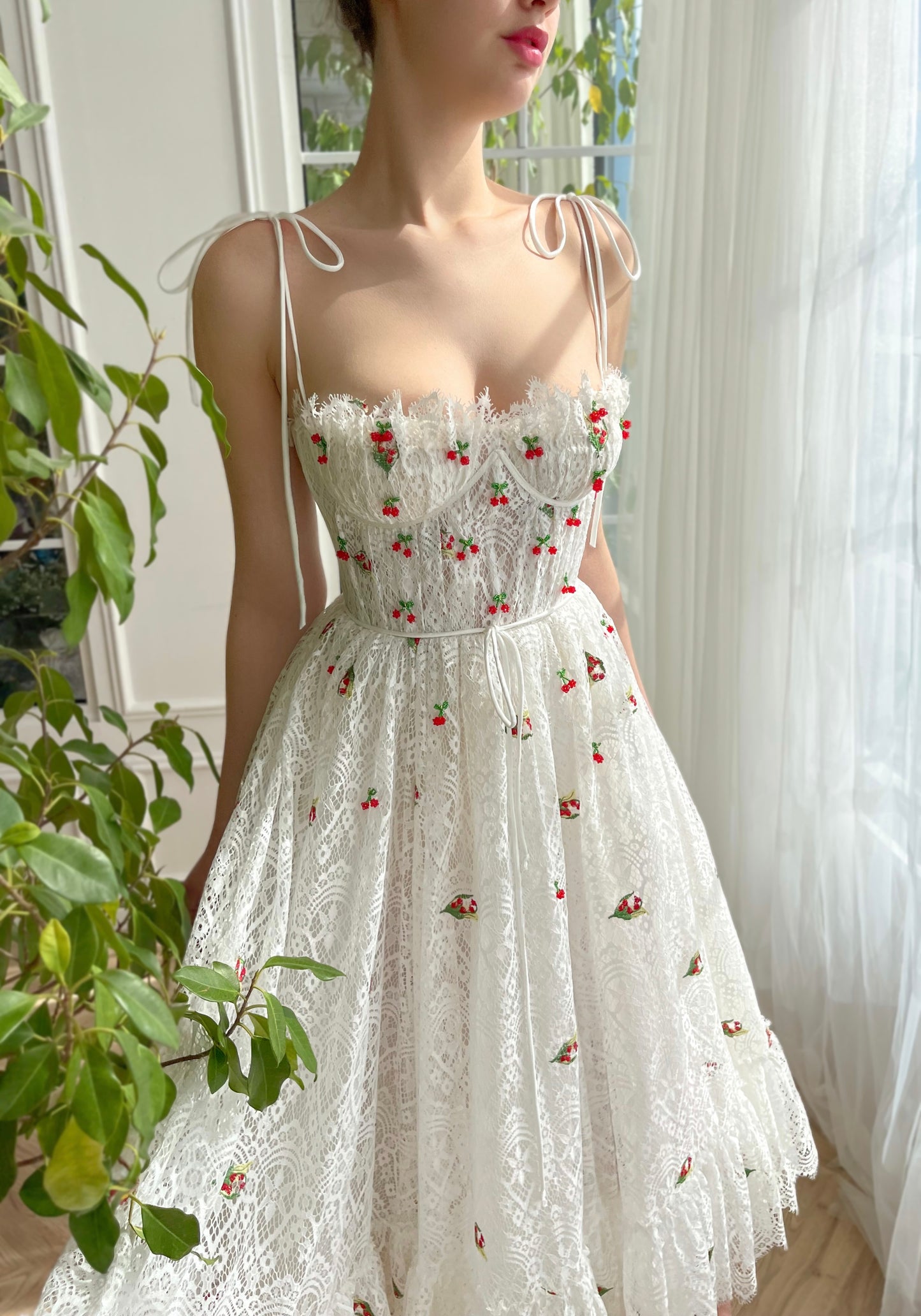 White midi bridal dress with spaghetti straps and embroidered cherries