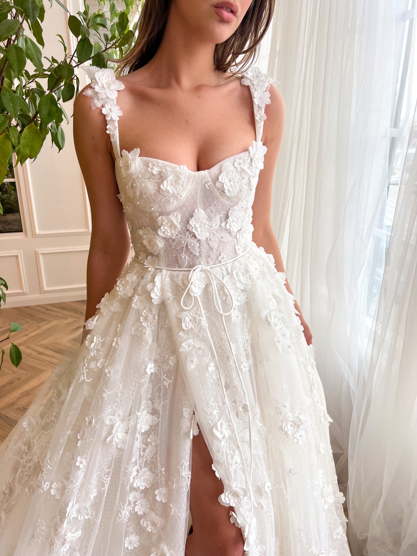 White A-Line bridal dress with straps, flowers and embroidery