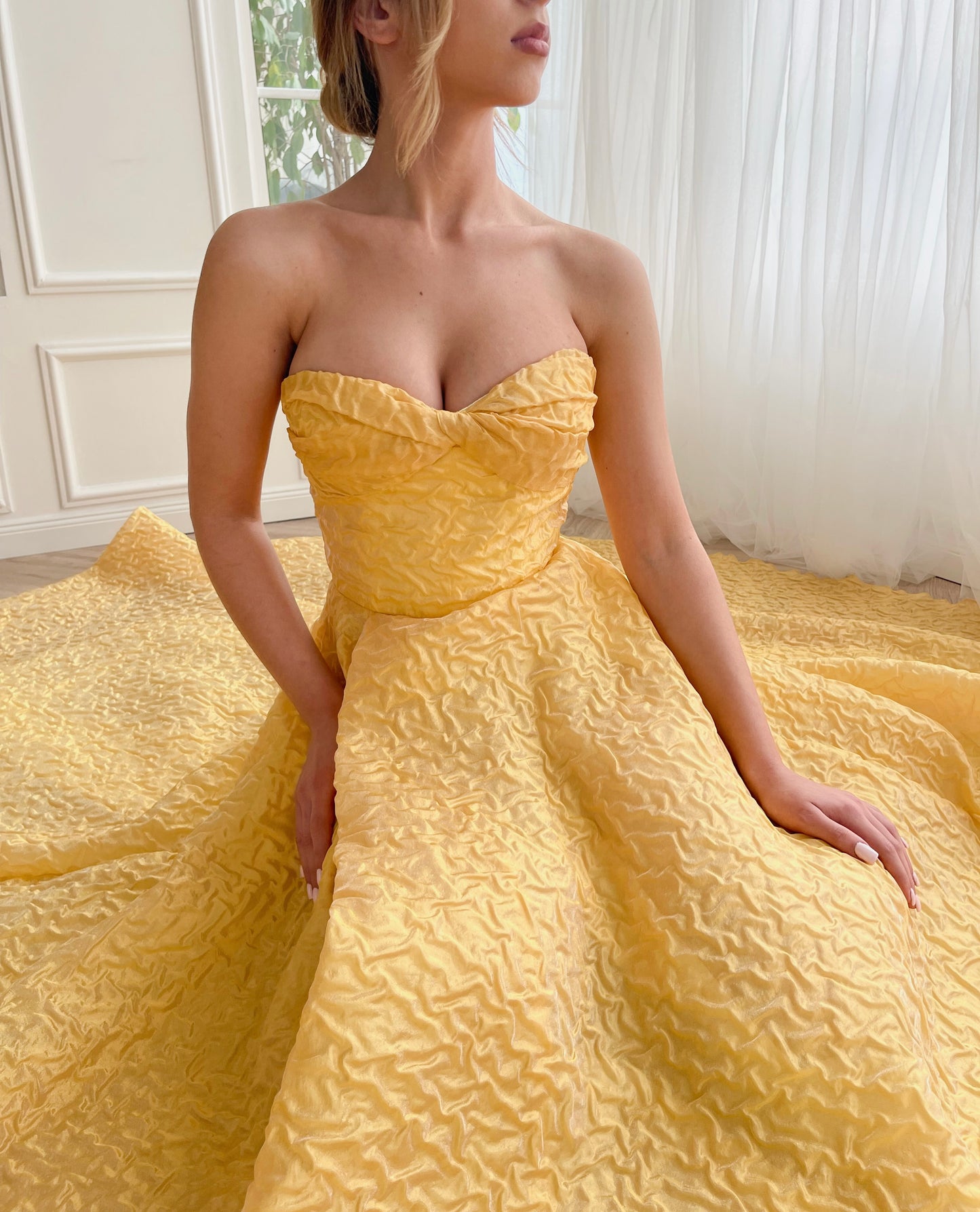 Yellow A-Line dress with slit and no sleeves