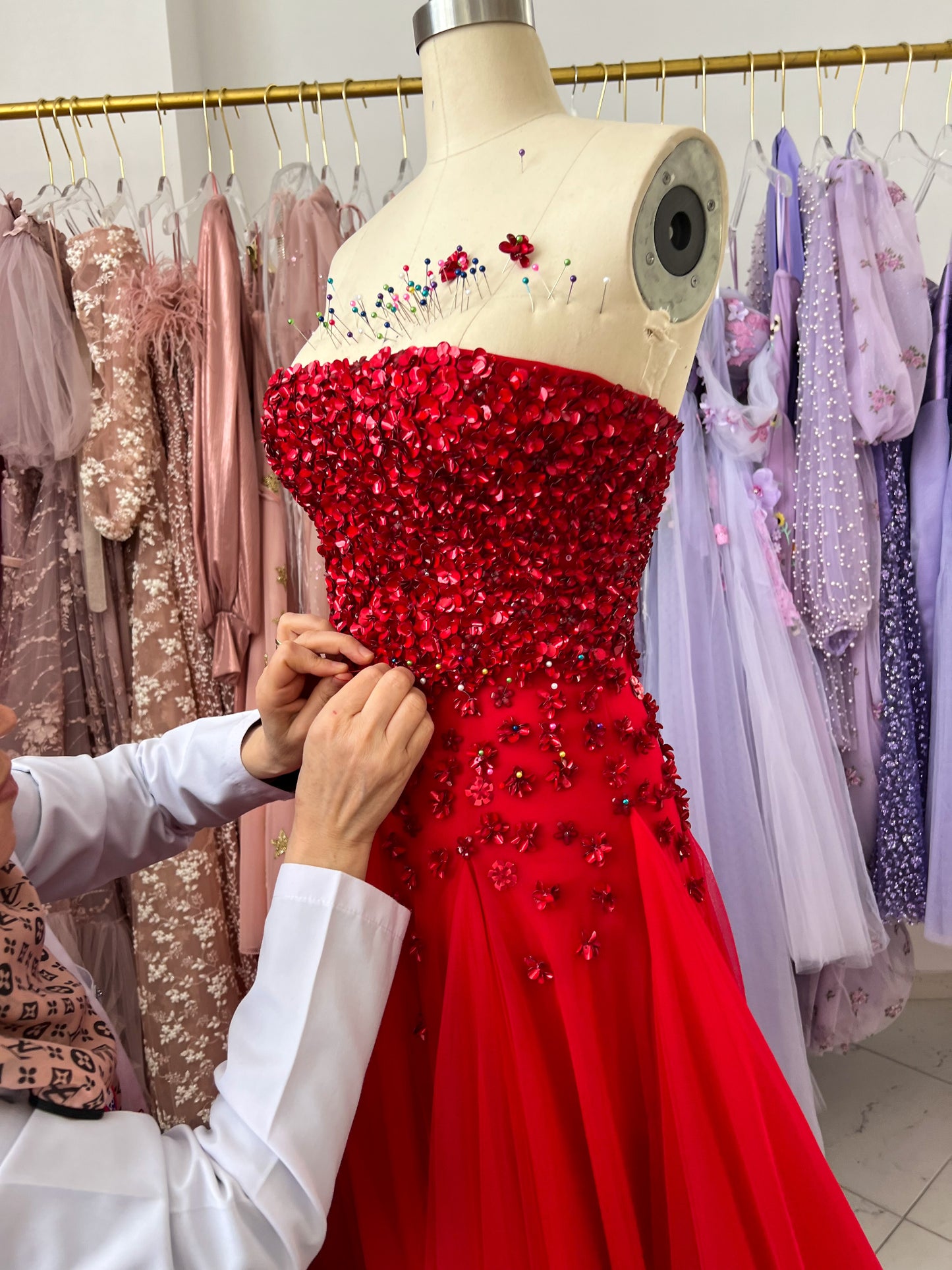 Red A-Line dress with embroidery and spaghetti straps