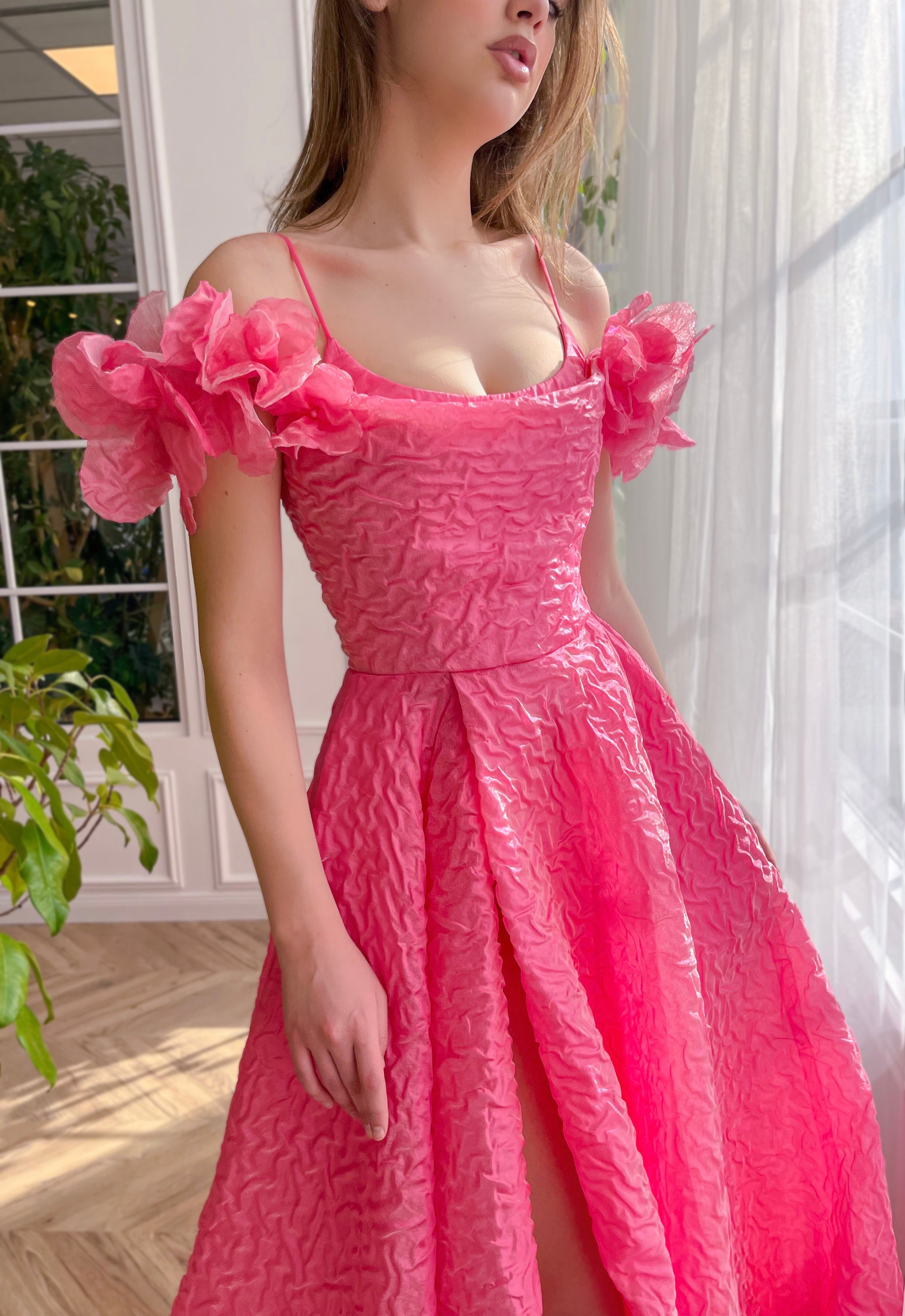 Pink A-Line dress with embroidery and off the shoulder straps
