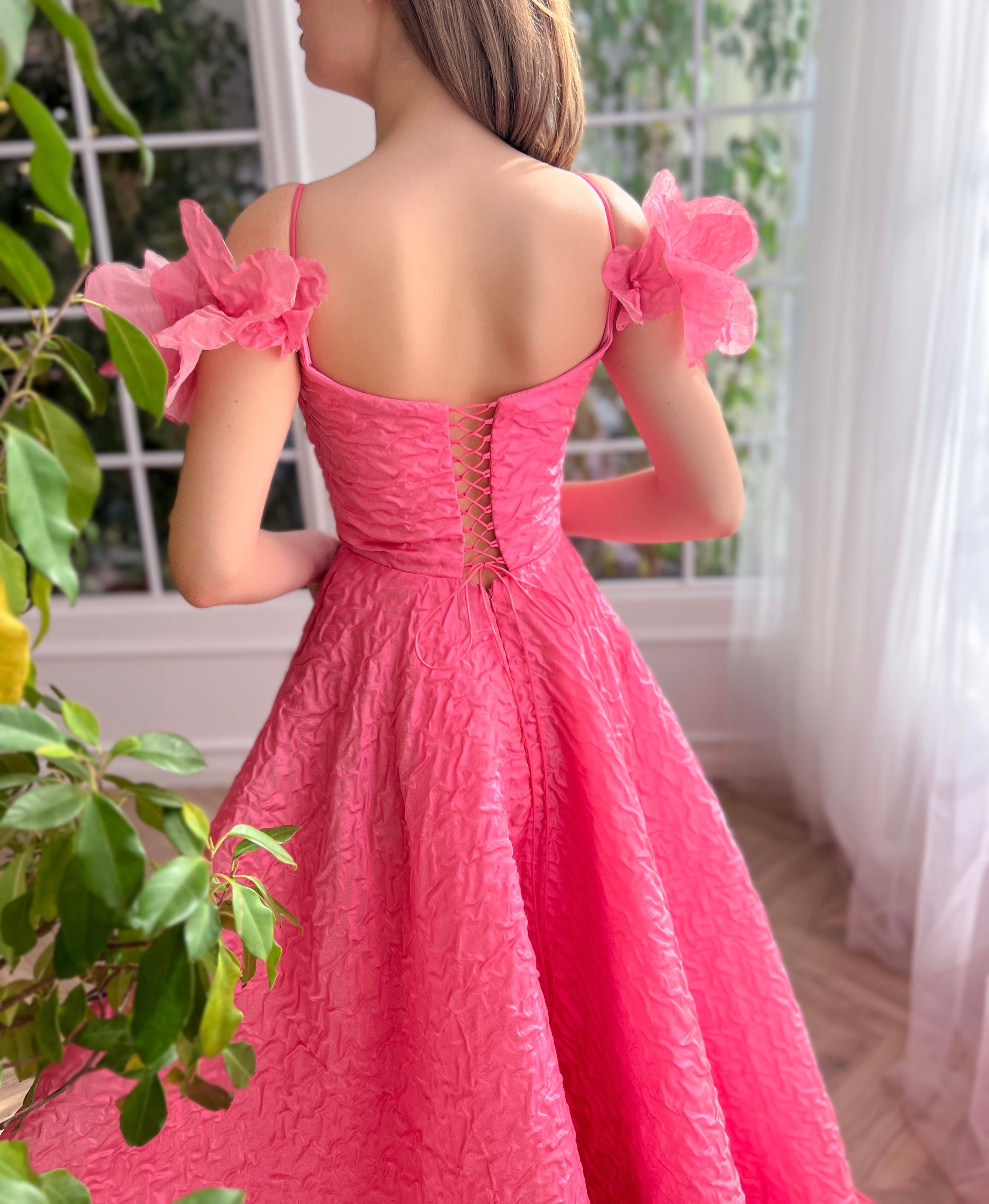 Pink A-Line dress with embroidery and off the shoulder straps