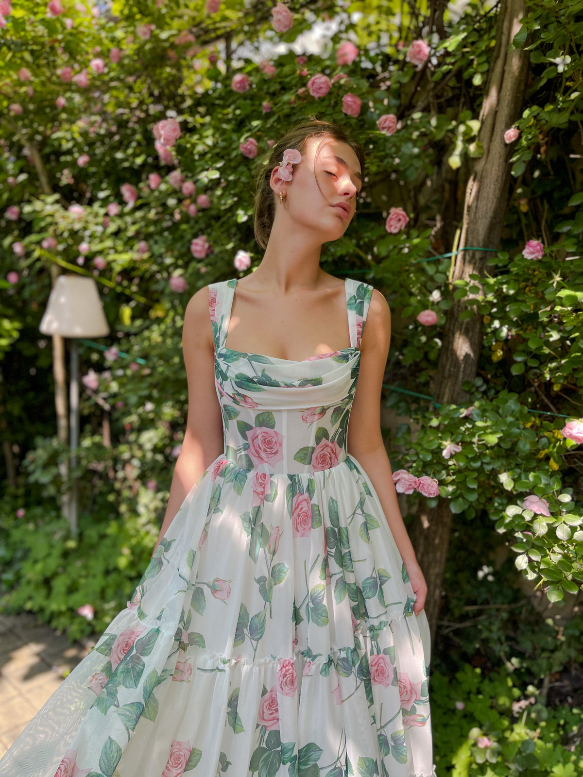White A-Line dress with straps and printed flowers