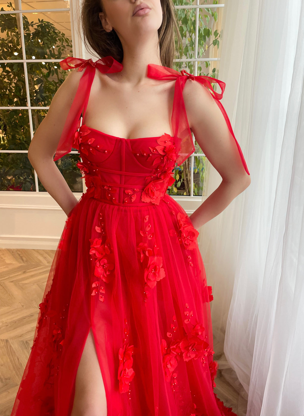 Red A-Line dress with embroidery and bow straps