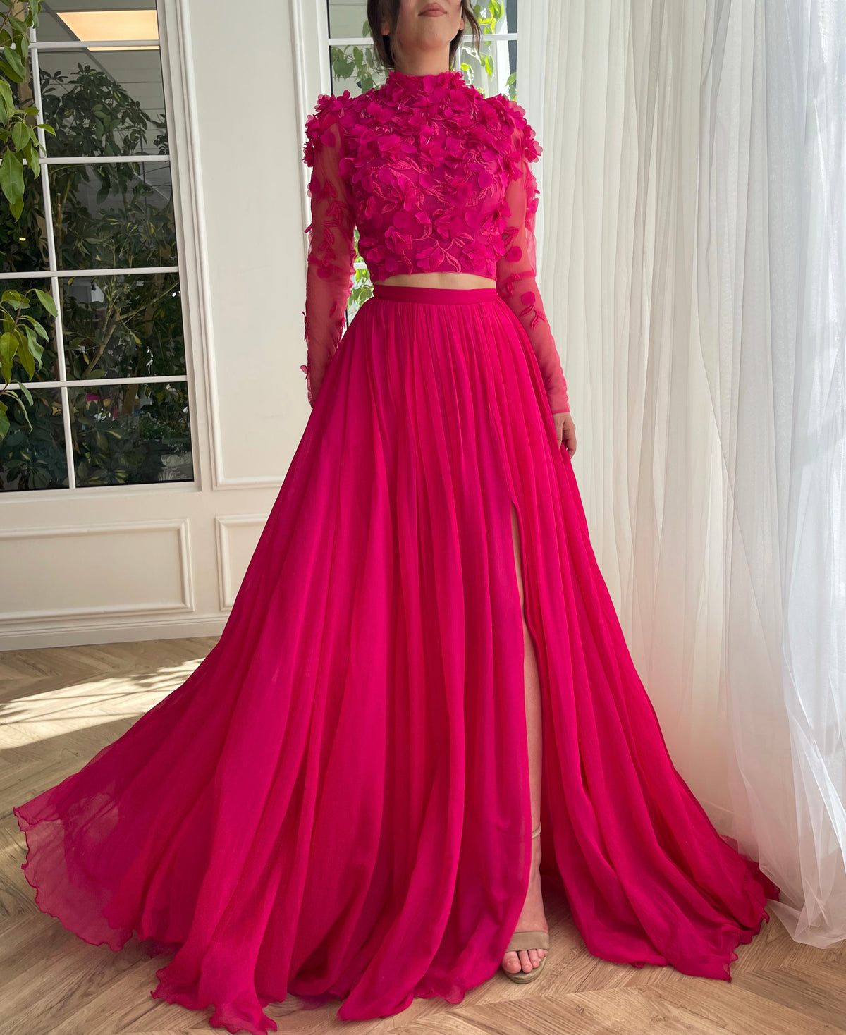 Pink two piece dress with embroidery and long sleeves