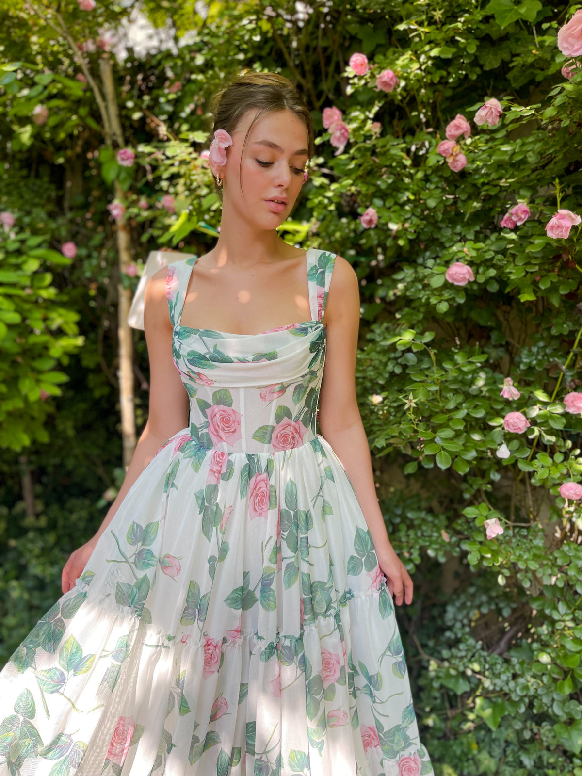 White A-Line dress with straps and printed flowers