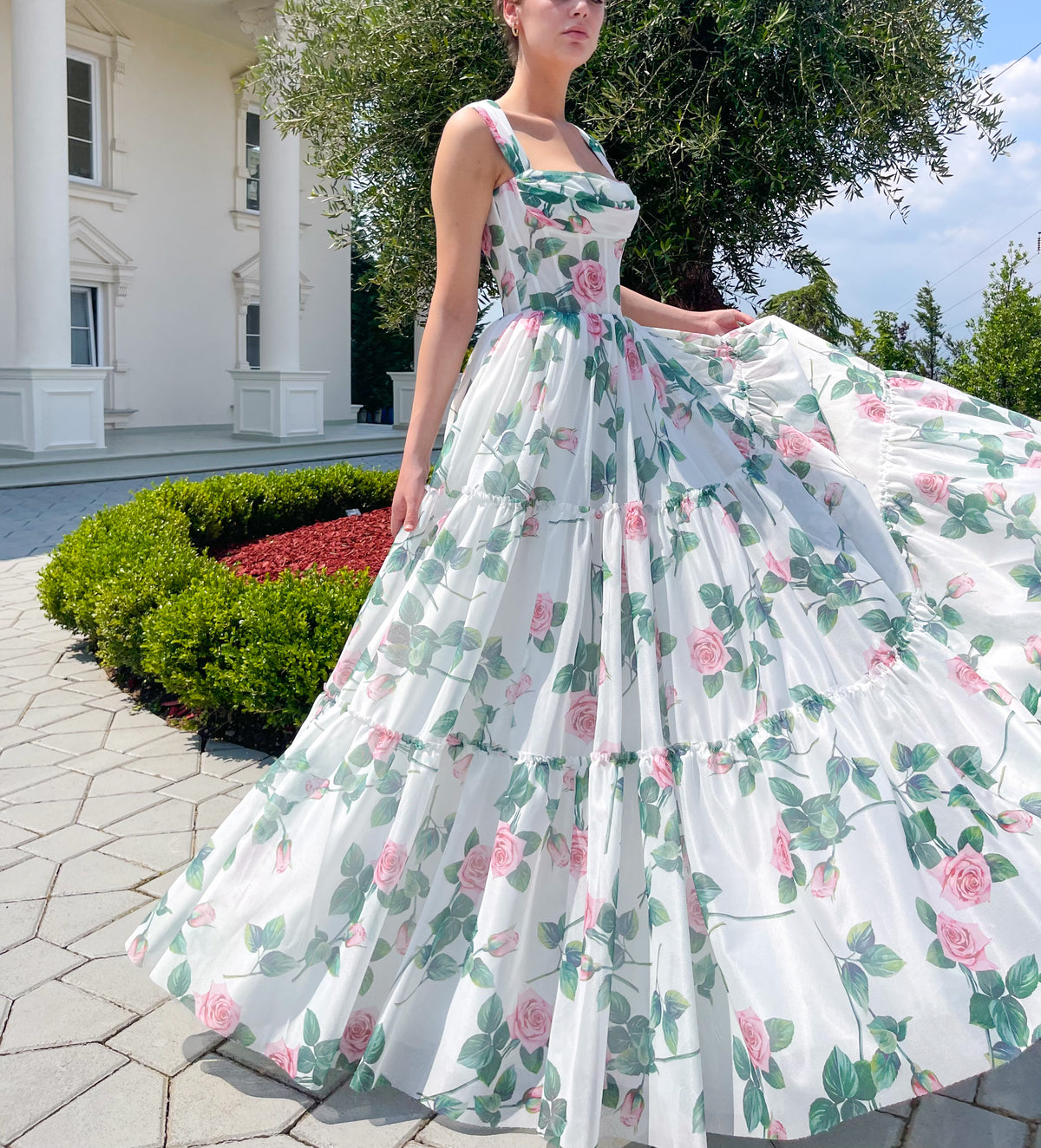 White A-Line dress with straps and printed flowers