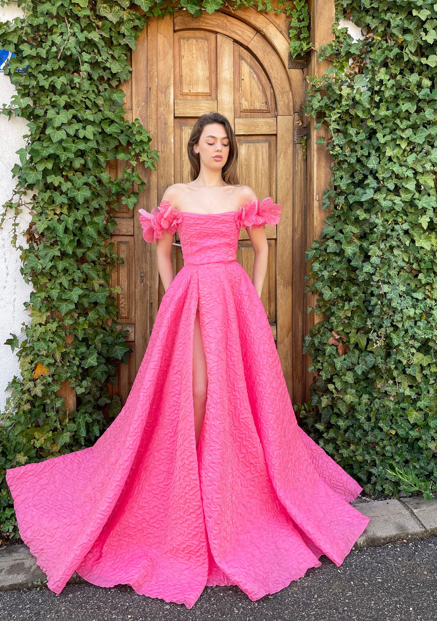 Pink A-Line dress with embroidery and off the shoulder straps