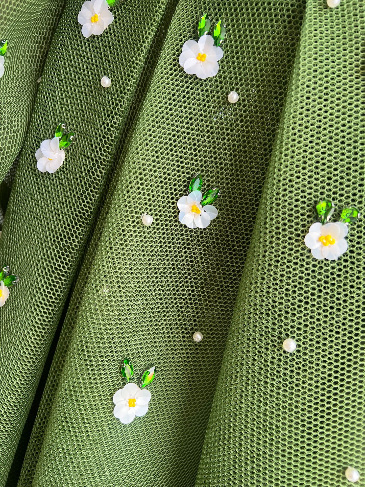 Green A-Line dress with short sleeves and embroidery