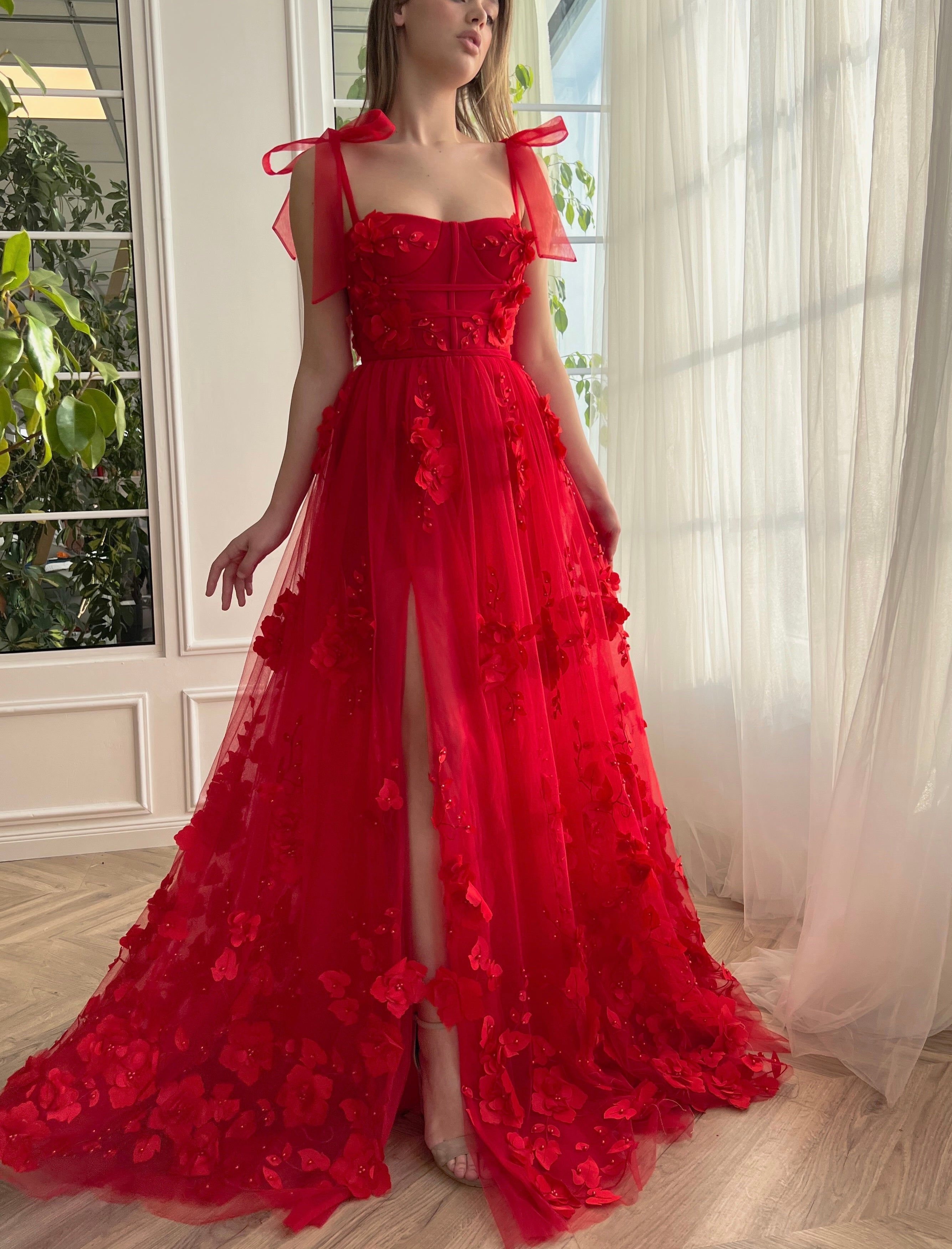 Red A-Line dress with embroidery and bow straps