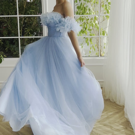 Blue A-Line dress with off the shoulder sleeves and embroidery