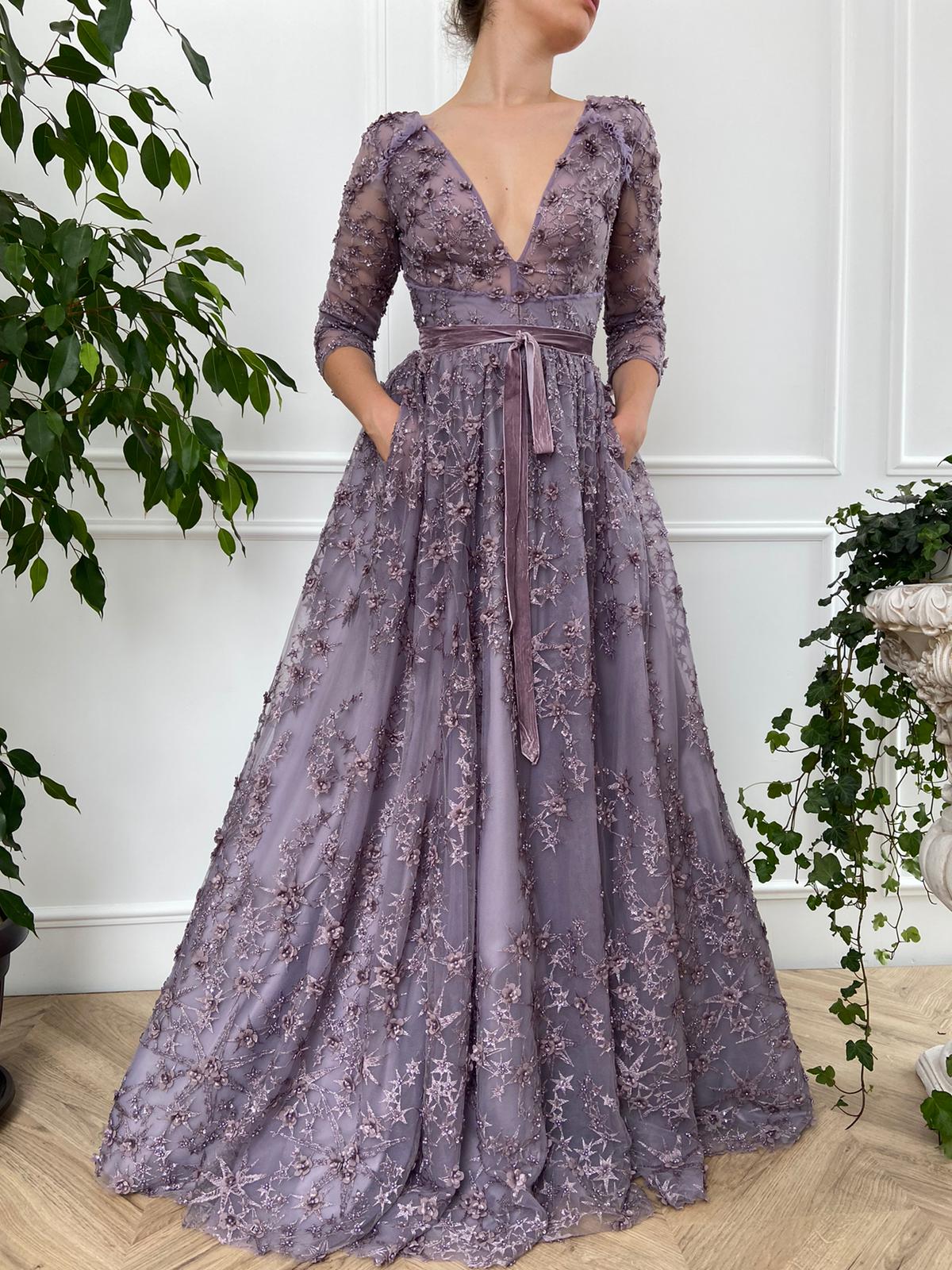 Purple A-Line dress with lace, v-neck and long sleeves